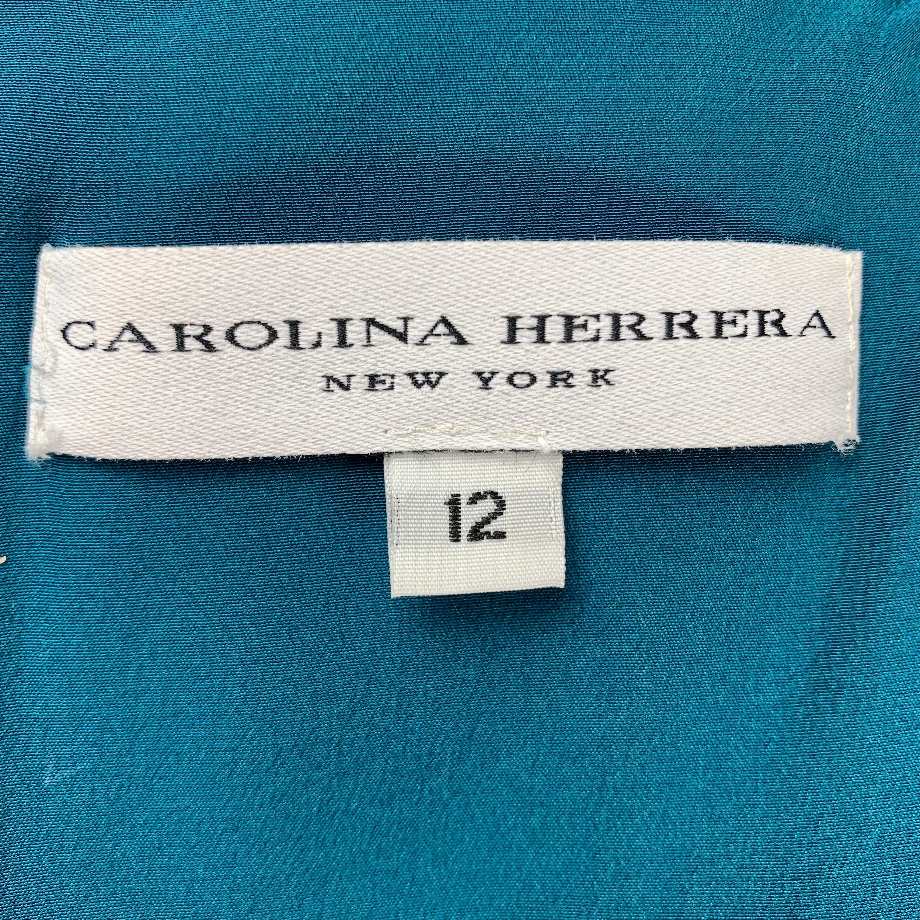 CAROLINA HERRERA Size 12 Teal Textured Ruffle V Neck Dress 1