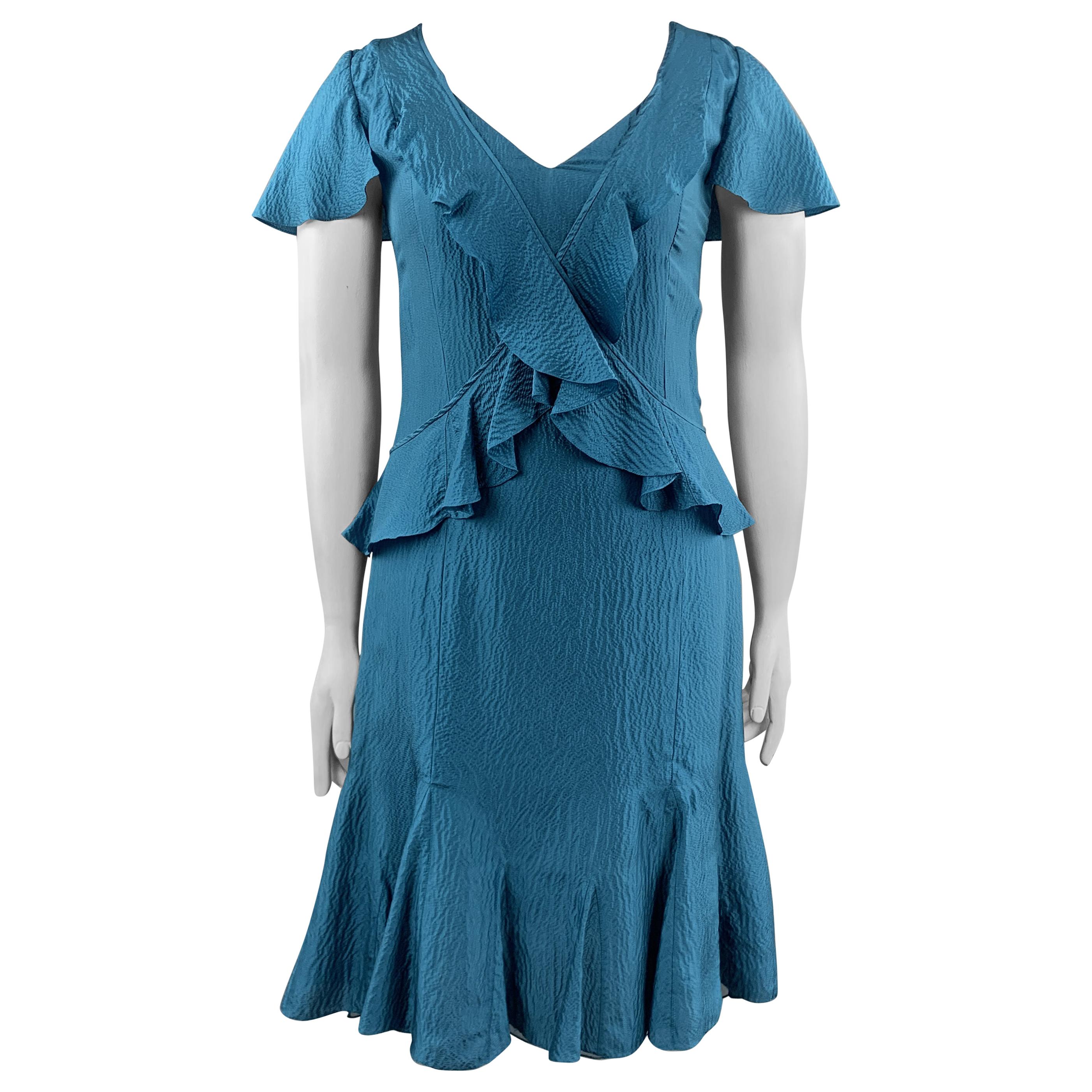 CAROLINA HERRERA Size 12 Teal Textured Ruffle V Neck Dress