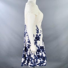 CAROLINA HERRERA Size 12 White Indigo Cotton Blend Abstract Floral Dress