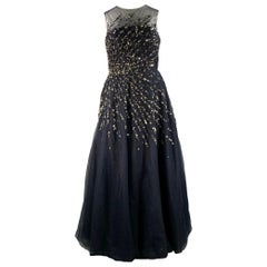 CAROLINA HERRERA Size 14 Navy Silver Nylon A-Line Long Gown