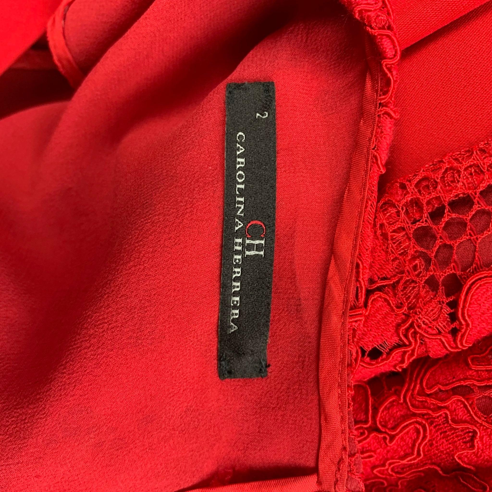 CAROLINA HERRERA Size 2 Red Polyester Blend Lace Peplum Blouse For Sale 1