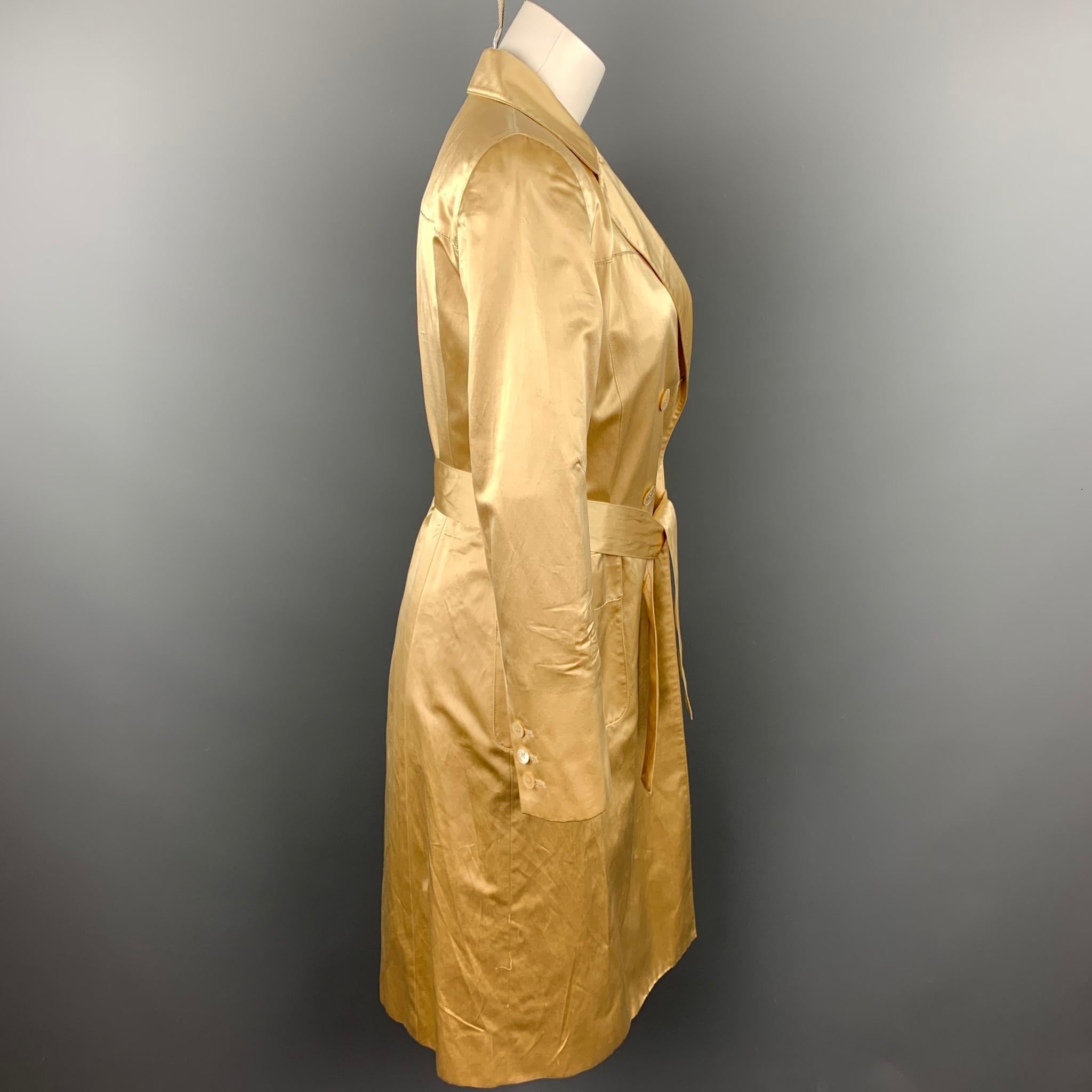 Women's CAROLINA HERRERA Size 4 Gold Satin Silk / Cotton Double Breasted Belted Dress