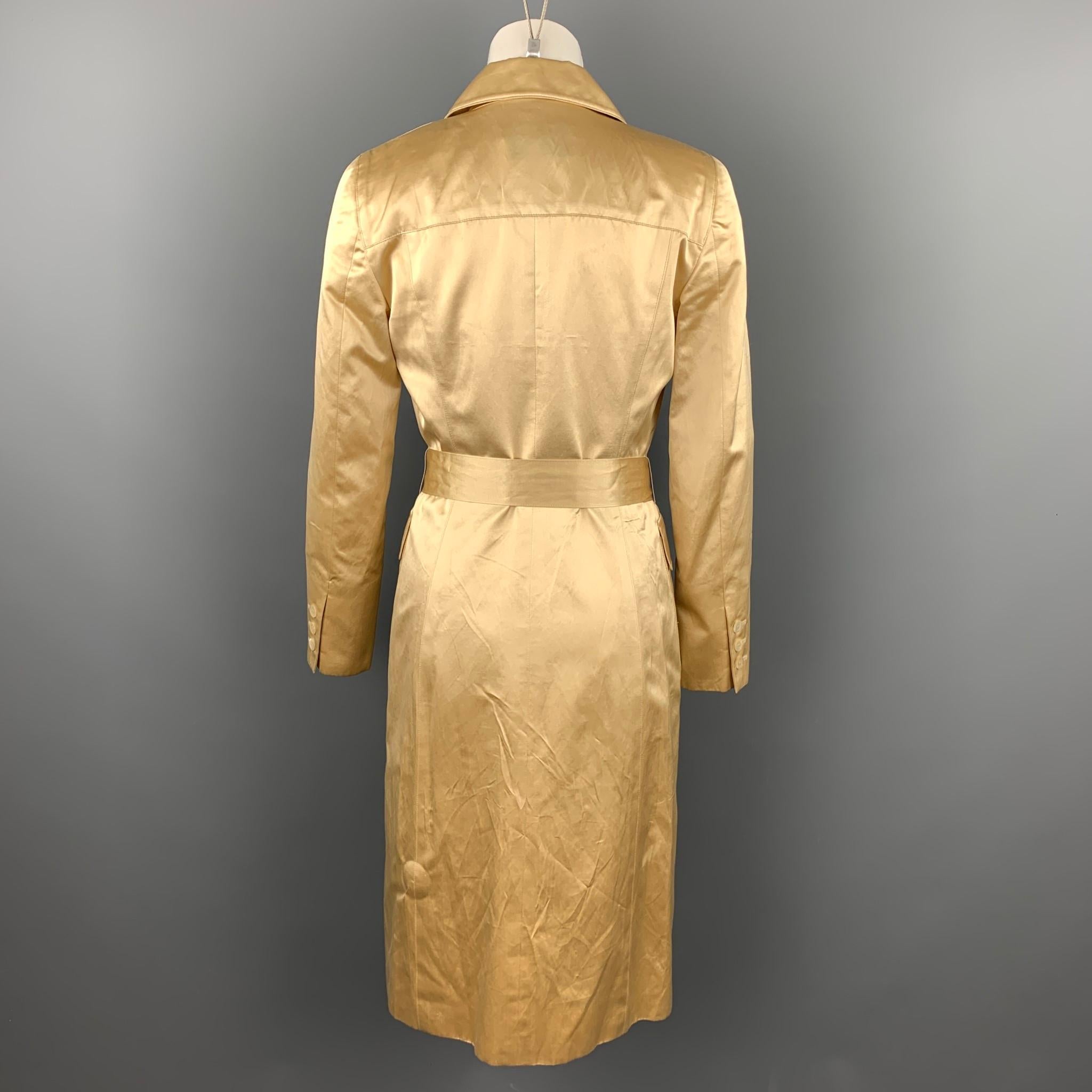 CAROLINA HERRERA Size 4 Gold Satin Silk / Cotton Double Breasted Belted Dress 1