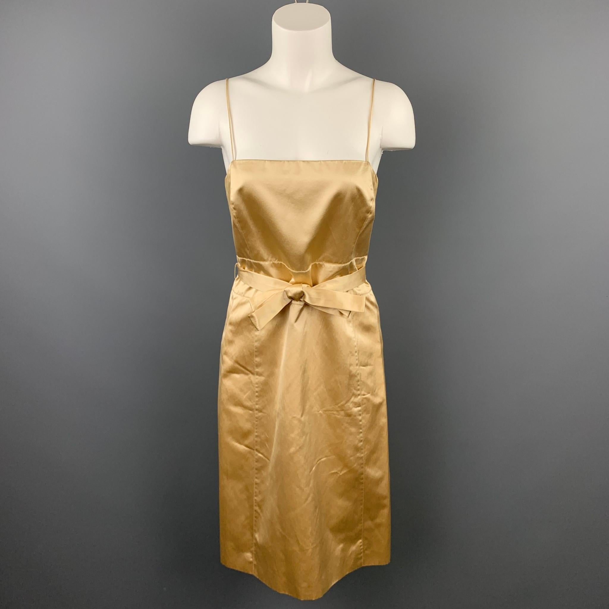 CAROLINA HERRERA Size 4 Gold Satin Silk / Cotton Double Breasted Belted Dress 3