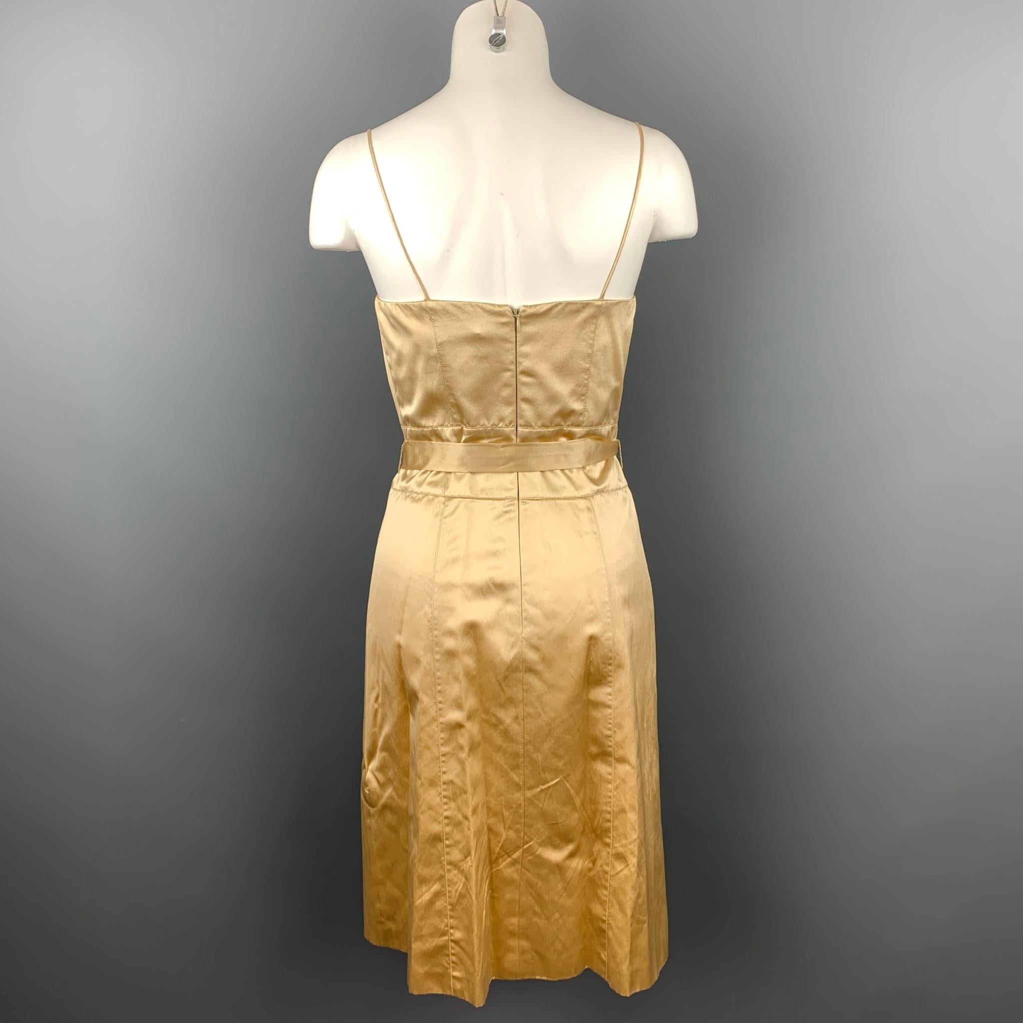 CAROLINA HERRERA Size 4 Gold Satin Silk / Cotton Double Breasted Belted Dress 4