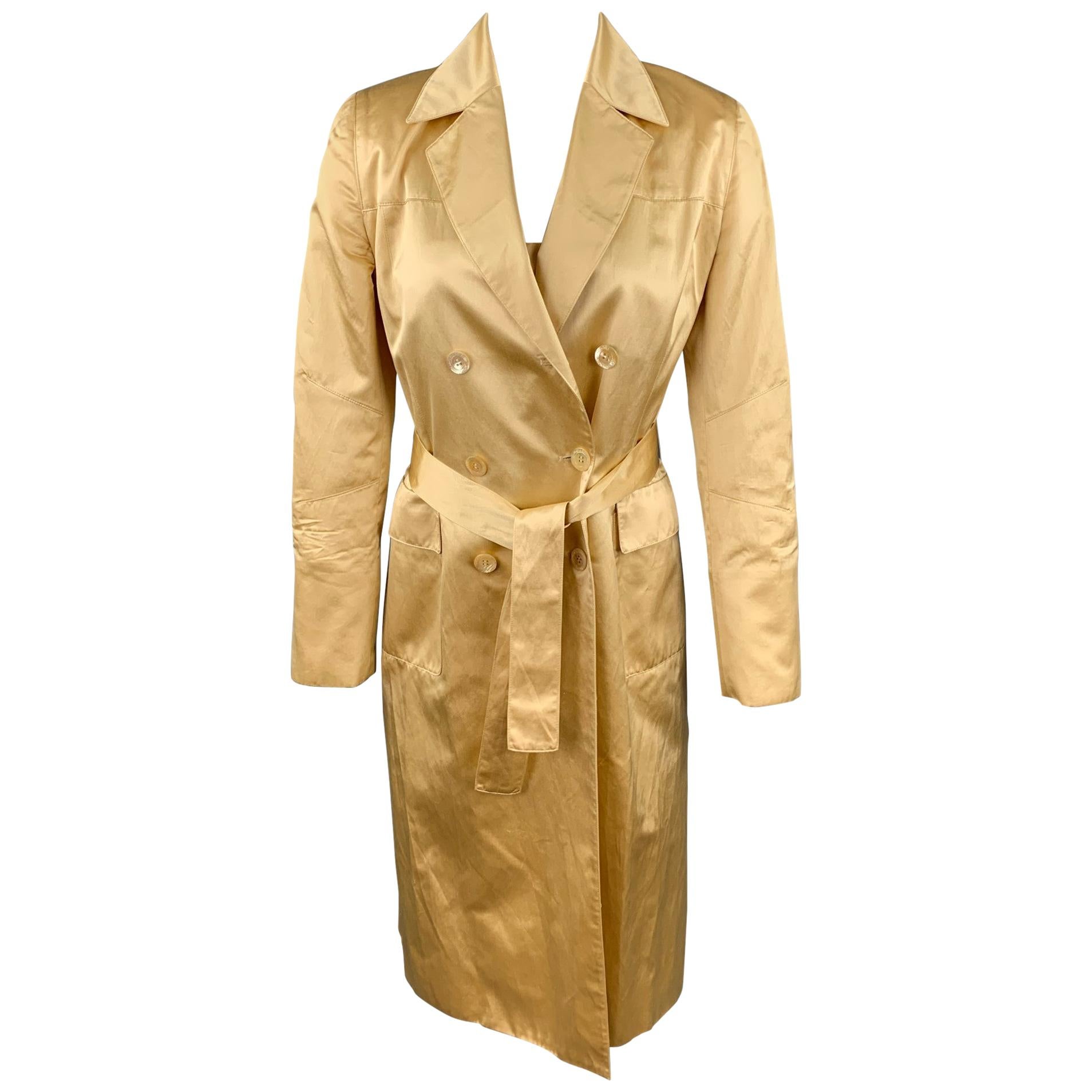 CAROLINA HERRERA Size 4 Gold Satin Silk / Cotton Double Breasted Belted Dress