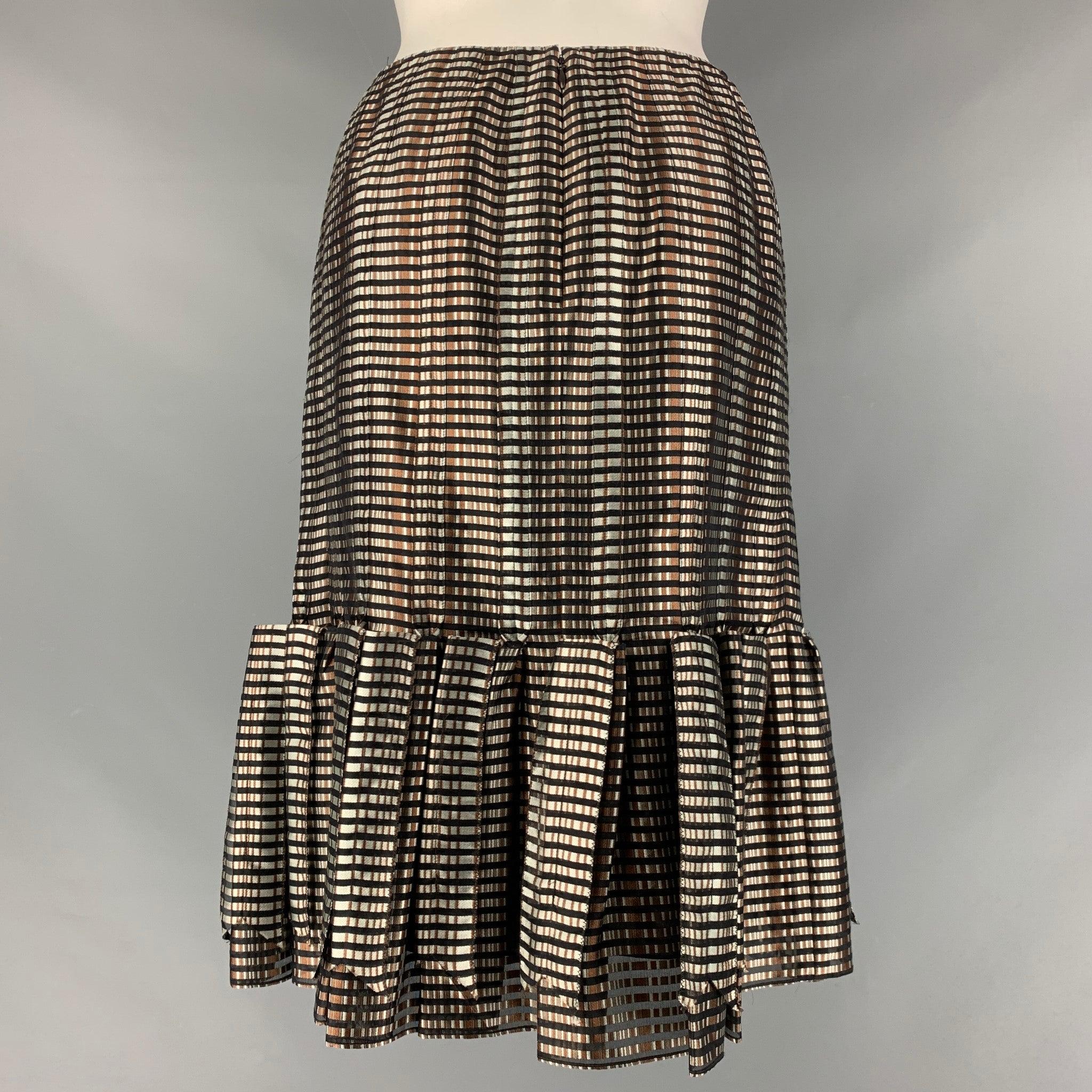 Women's CAROLINA HERRERA Size 4 Grey,  Black &  Brown Silk Checkered Pleated Skirt For Sale