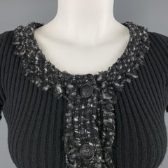 CAROLINA HERRERA Größe 6 Schwarzer Pullover mit kurzen Ärmeln und grauem Besatz aus Wollmischung mit Knopfleiste