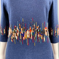 CAROLINA HERRERA Size 6 Blue Multi Color Wool Beaded Back Zip Dress