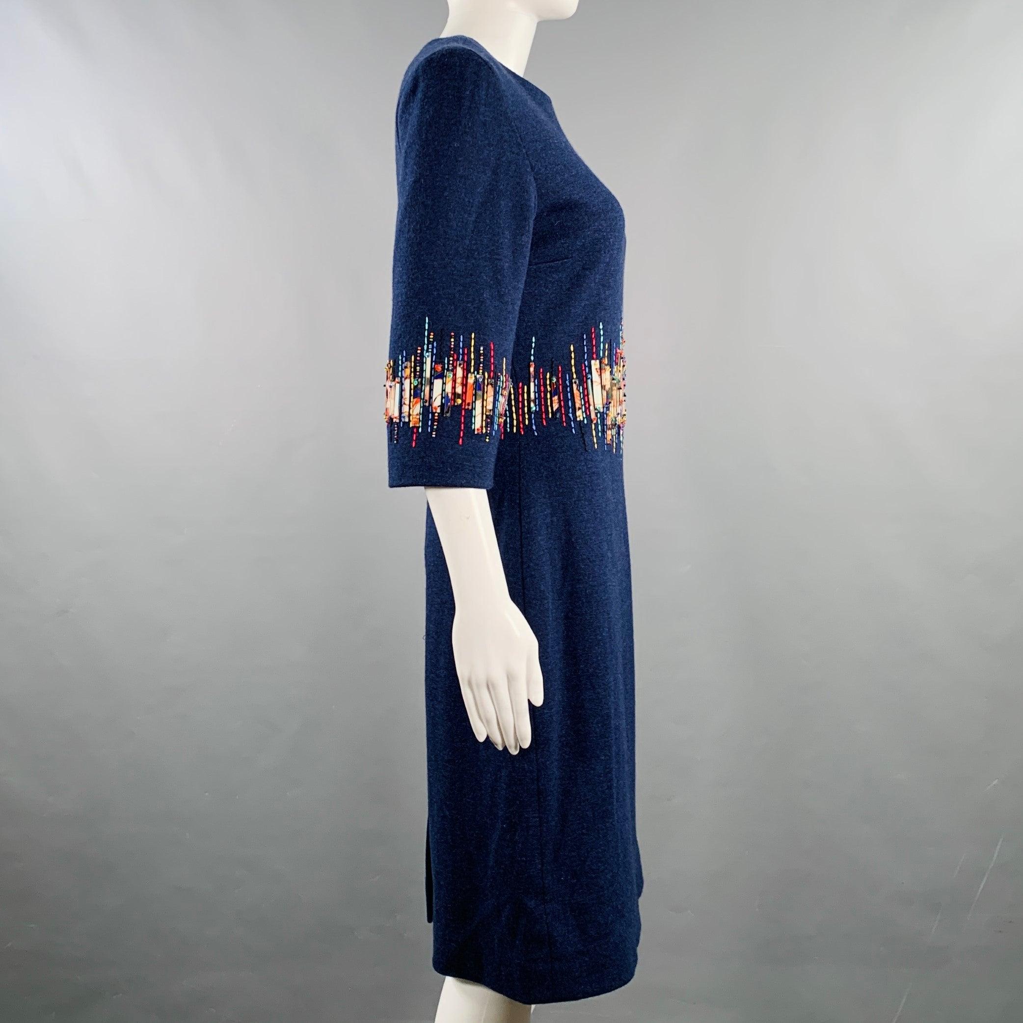 Black CAROLINA HERRERA Size 6 Blue Multi Color Wool Beaded Back Zip Dress For Sale