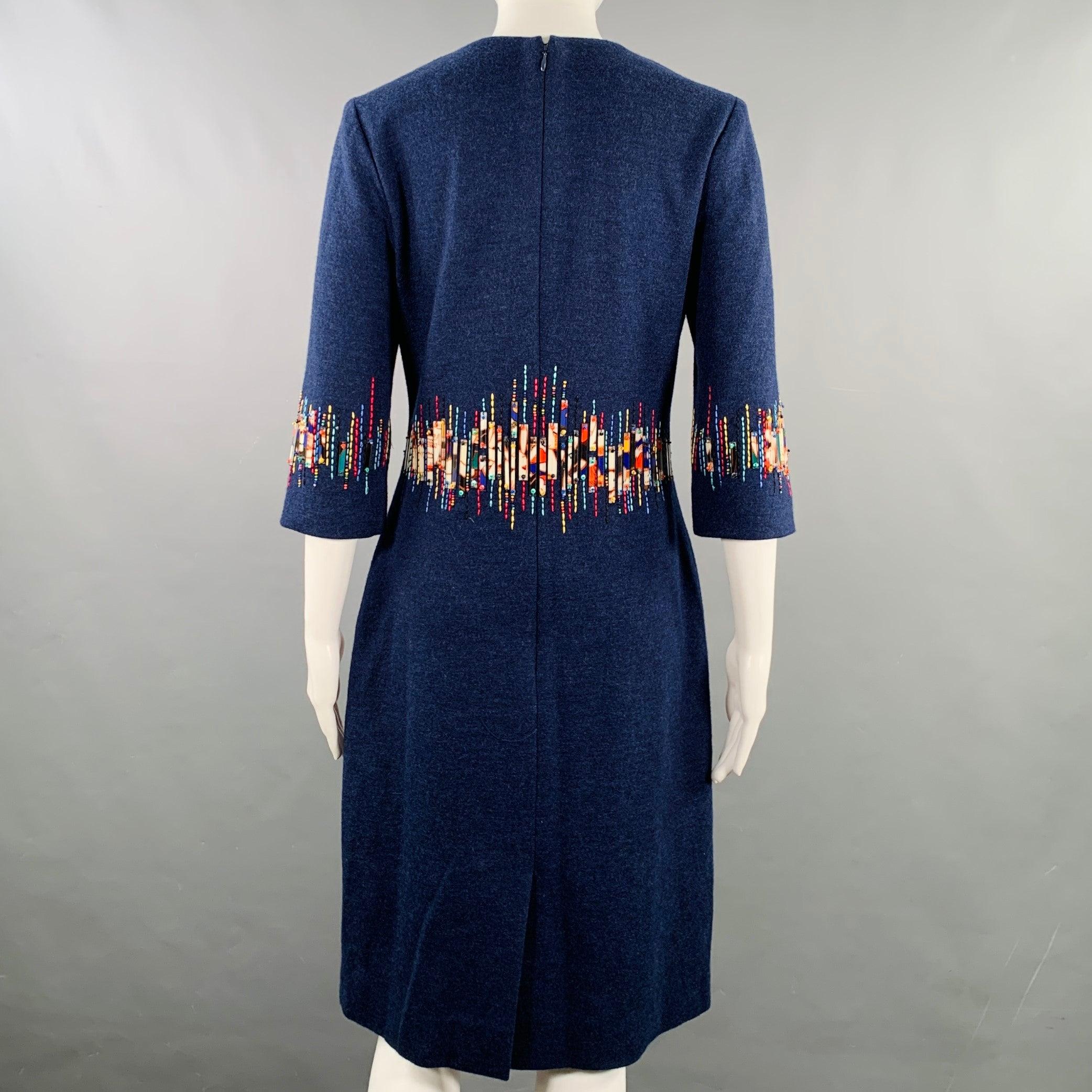Women's CAROLINA HERRERA Size 6 Blue Multi Color Wool Beaded Back Zip Dress For Sale