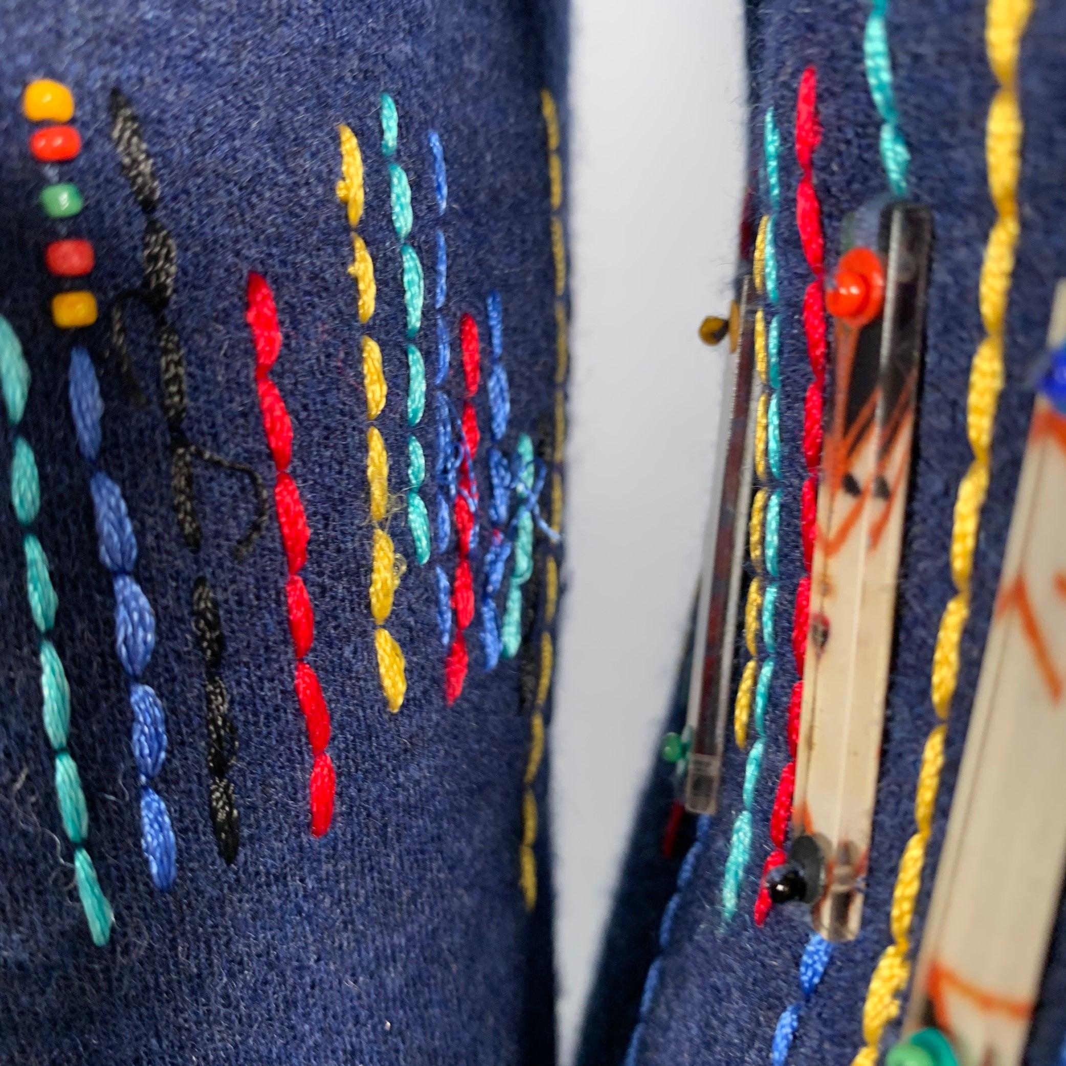 CAROLINA HERRERA Size 6 Blue Multi Color Wool Beaded Back Zip Dress For Sale 1