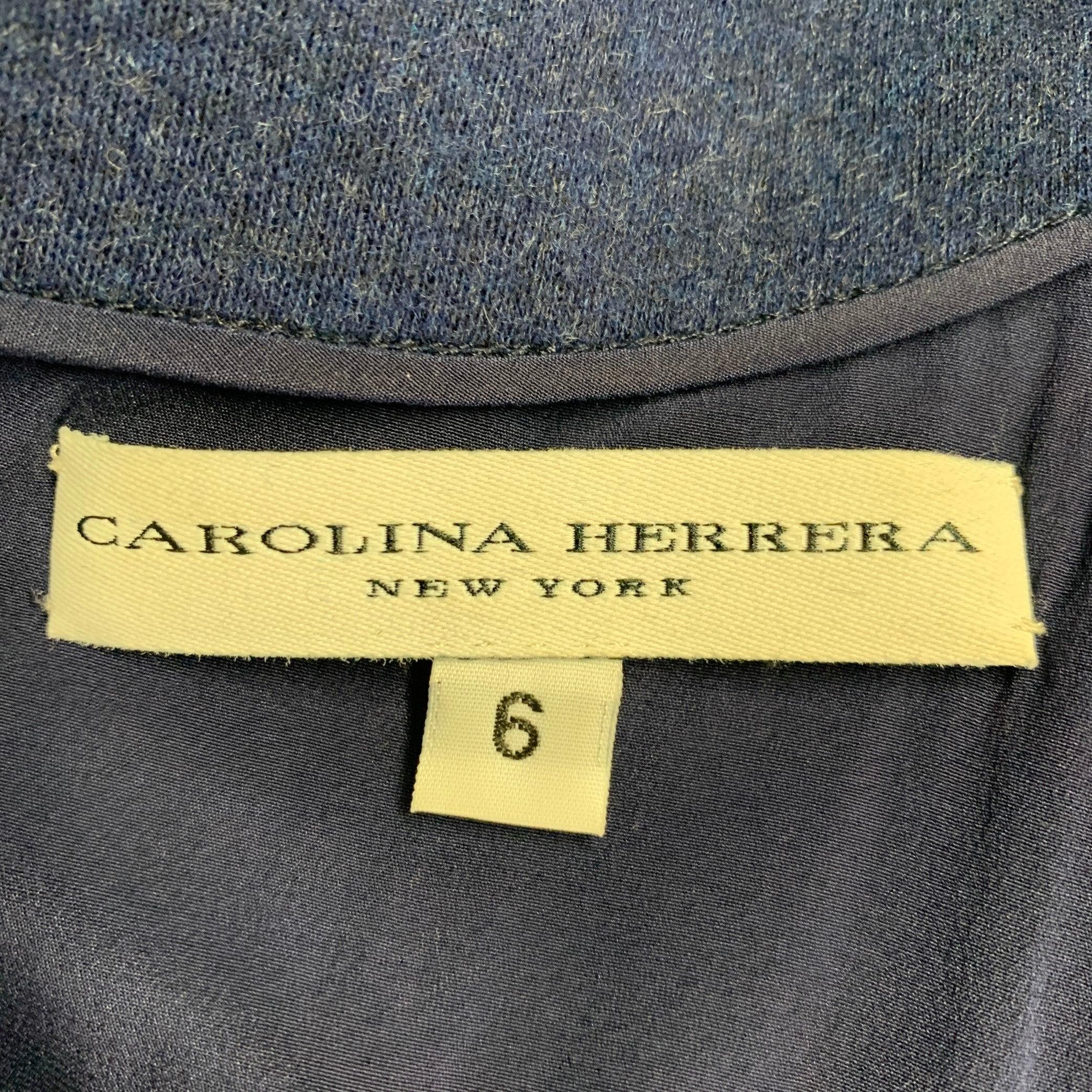 CAROLINA HERRERA Size 6 Blue Multi Color Wool Beaded Back Zip Dress For Sale 2