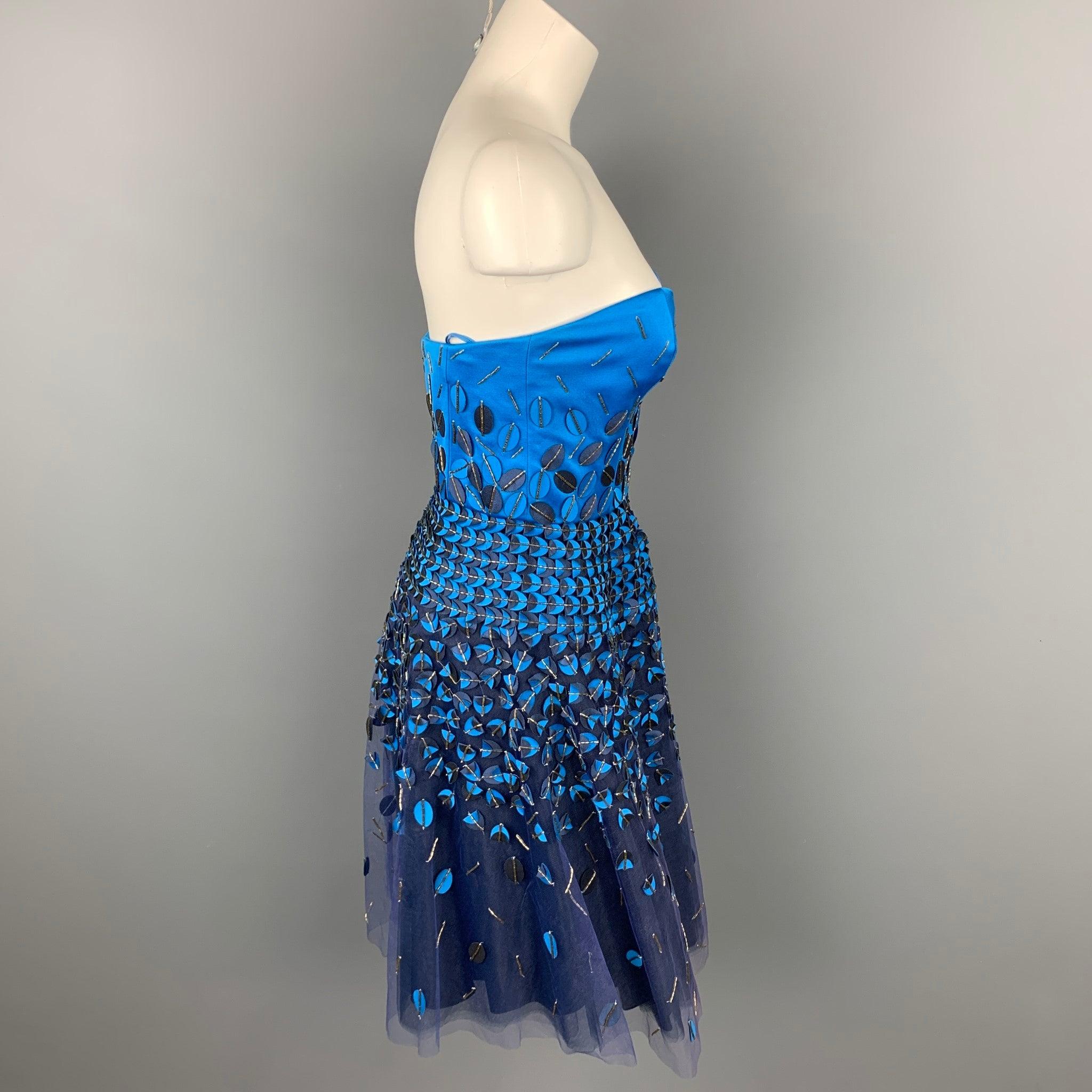 Women's CAROLINA HERRERA Size 6 Blue & Navy Cotton / Polyester Strapless A-Line Dress For Sale