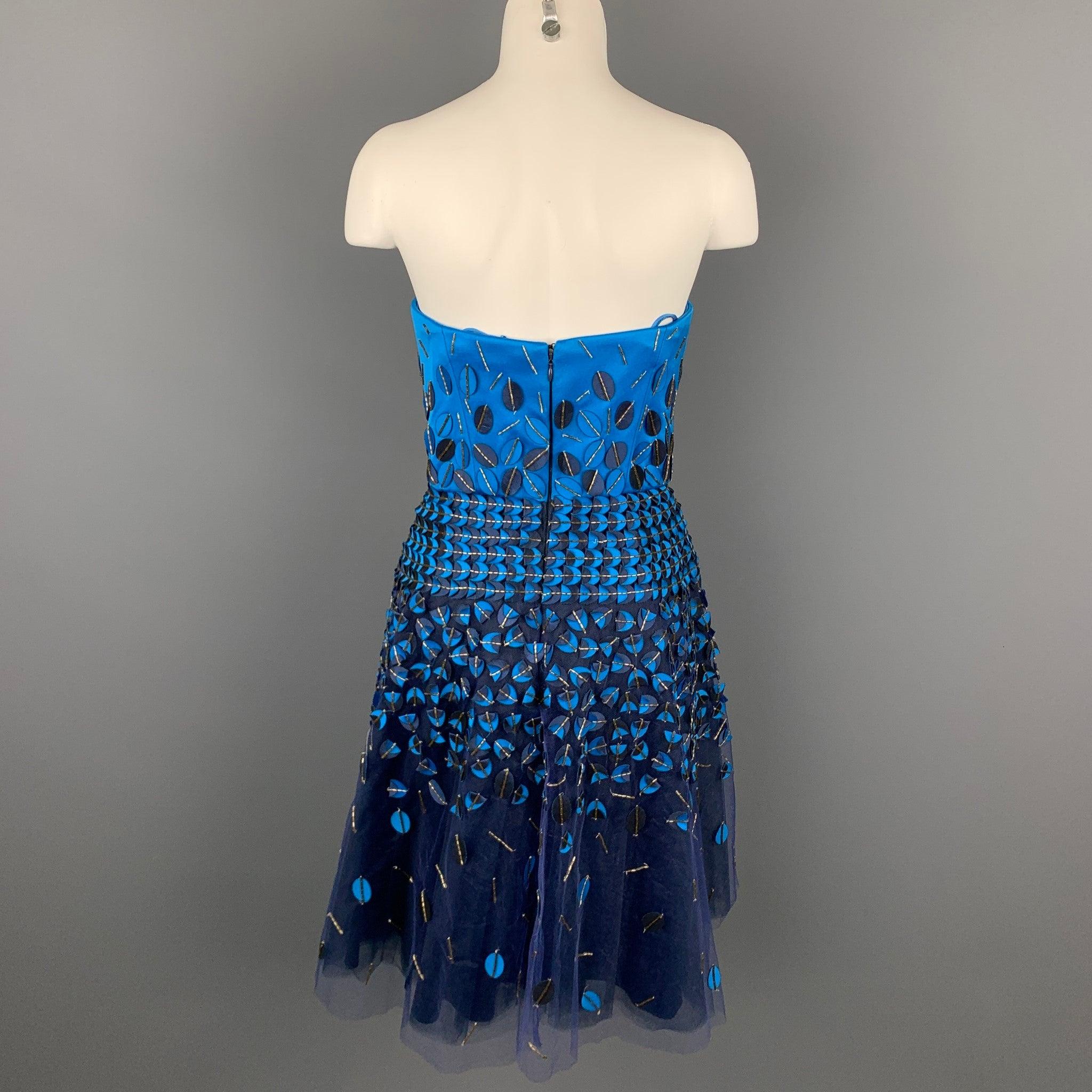 CAROLINA HERRERA Size 6 Blue & Navy Cotton / Polyester Strapless A-Line Dress For Sale 1