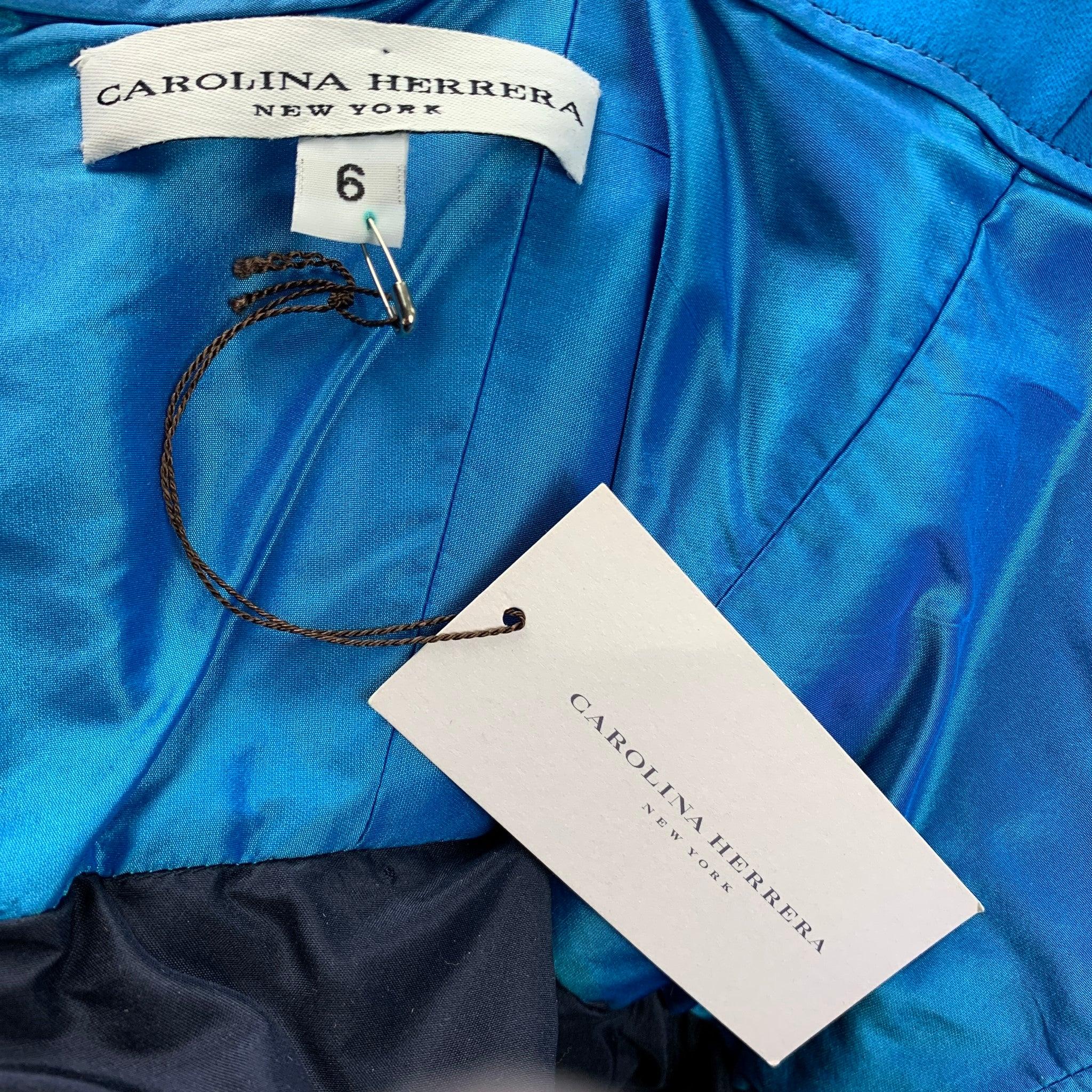 CAROLINA HERRERA Size 6 Blue & Navy Cotton / Polyester Strapless A-Line Dress For Sale 4