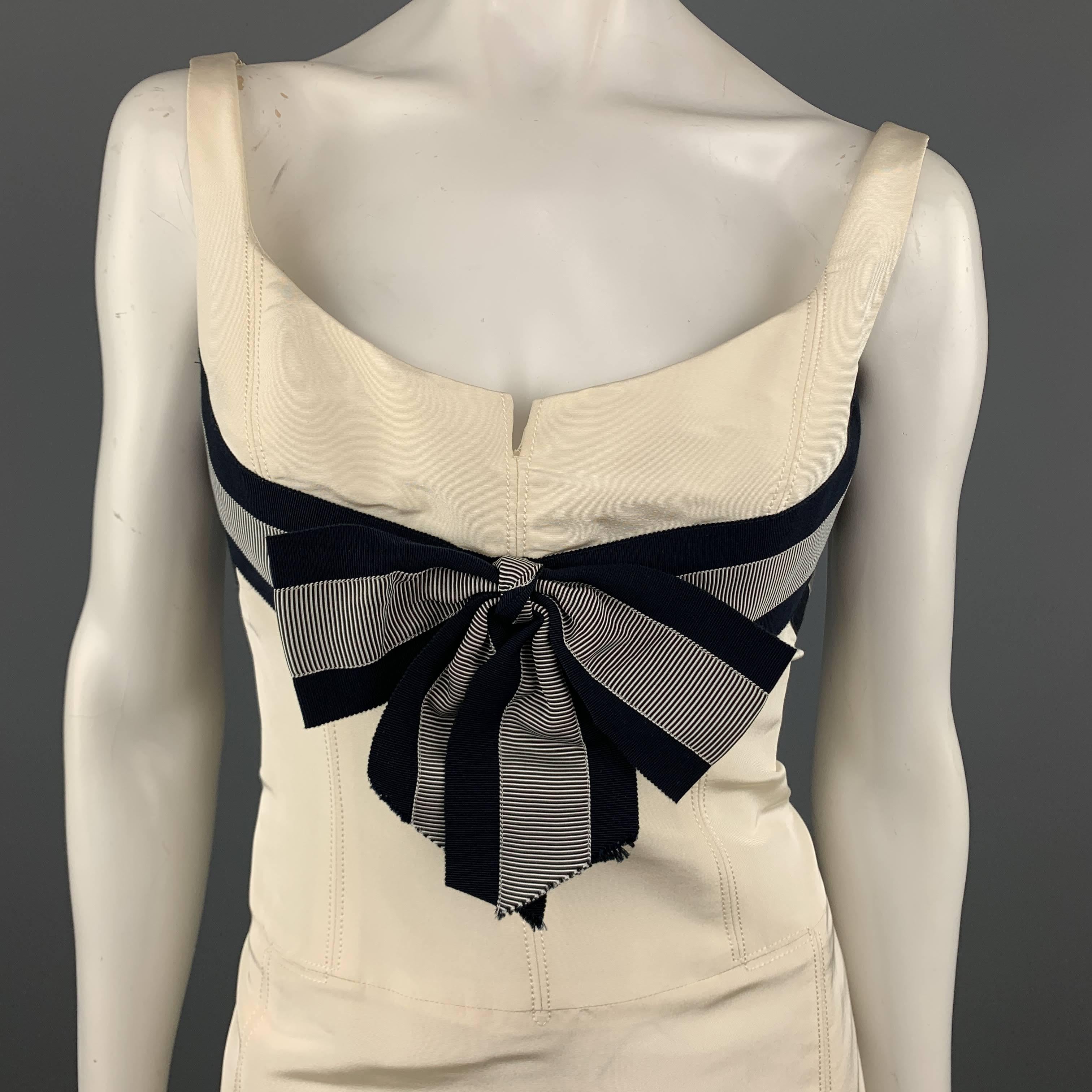 Beige CAROLINA HERRERA Size 6 Cream Silk Flair Skirt Navy Ribbon Cocktail Dress