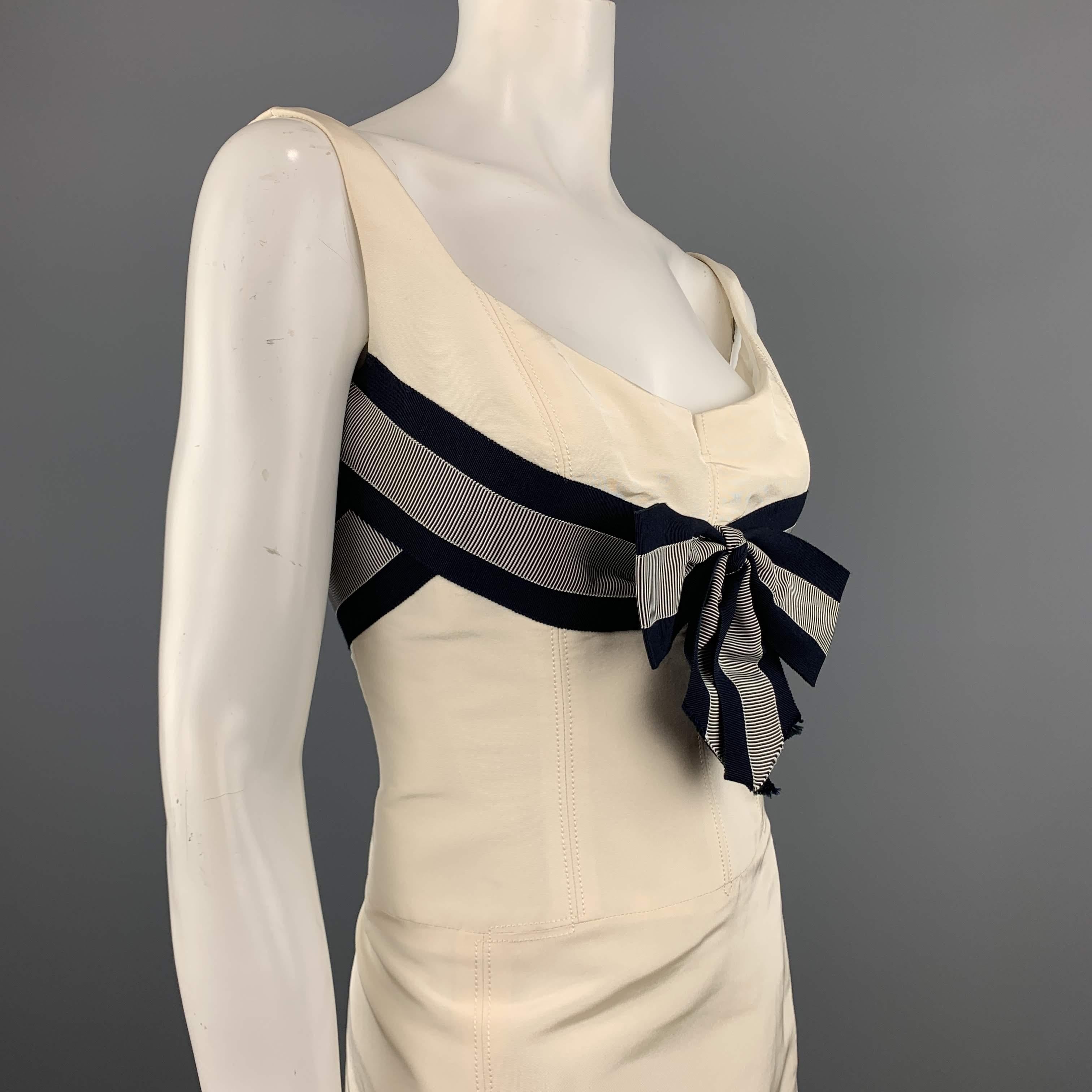 CAROLINA HERRERA Size 6 Cream Silk Flair Skirt Navy Ribbon Cocktail Dress 1