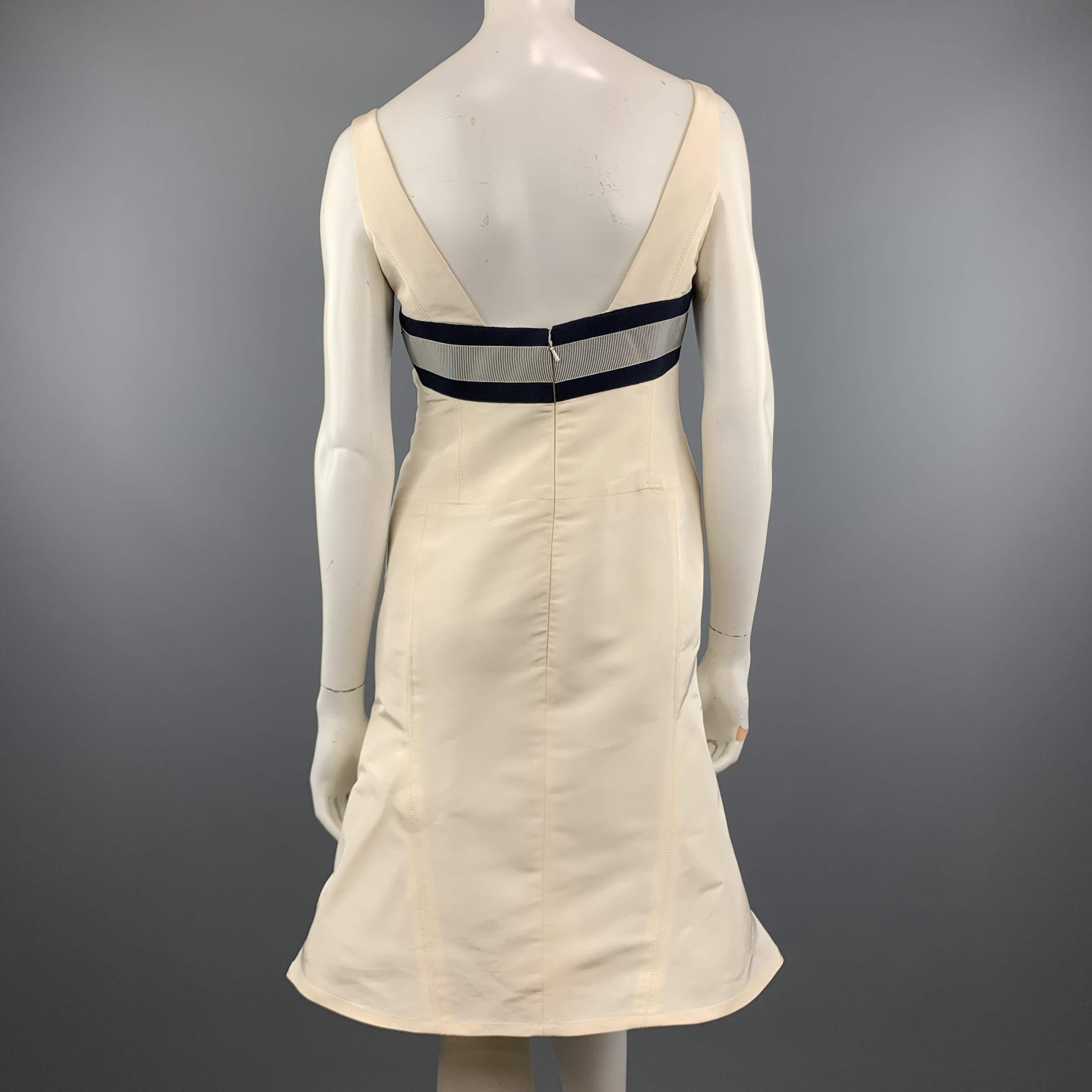 CAROLINA HERRERA Size 6 Cream Silk Flair Skirt Navy Ribbon Cocktail Dress 2