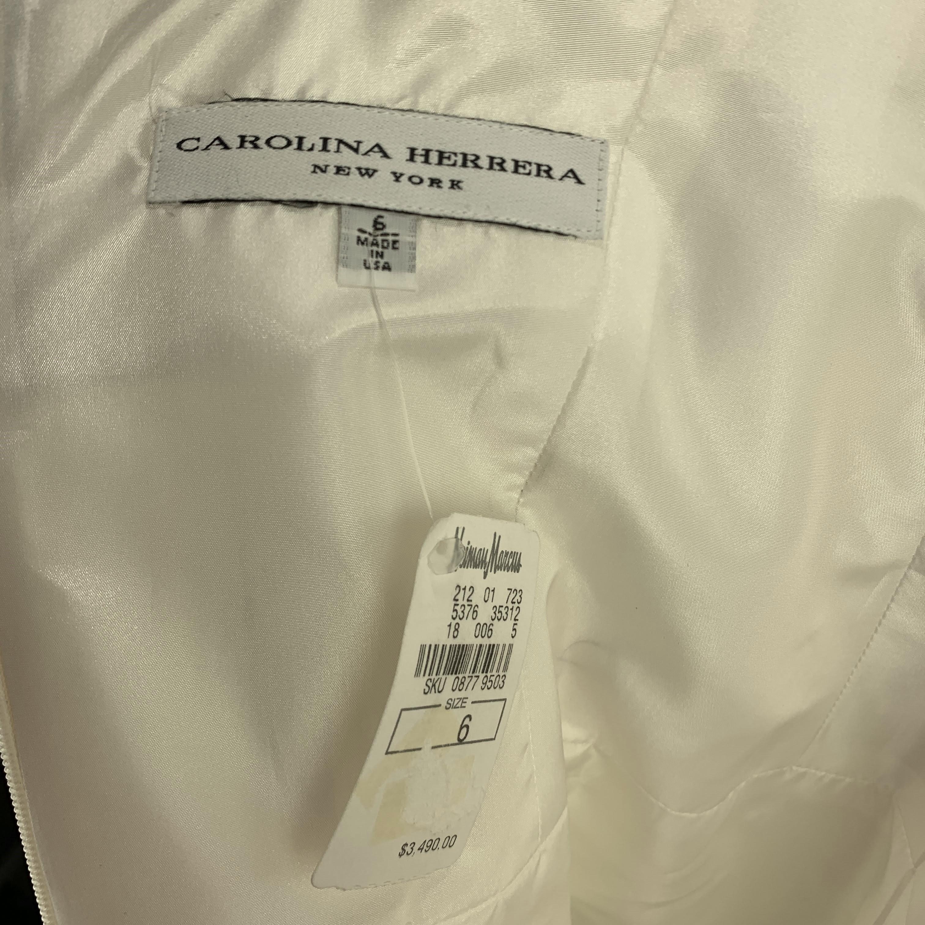 CAROLINA HERRERA Size 6 Cream Silk Flair Skirt Navy Ribbon Cocktail Dress 3