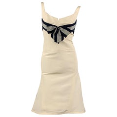 CAROLINA HERRERA Size 6 Cream Silk Flair Skirt Navy Ribbon Cocktail Dress