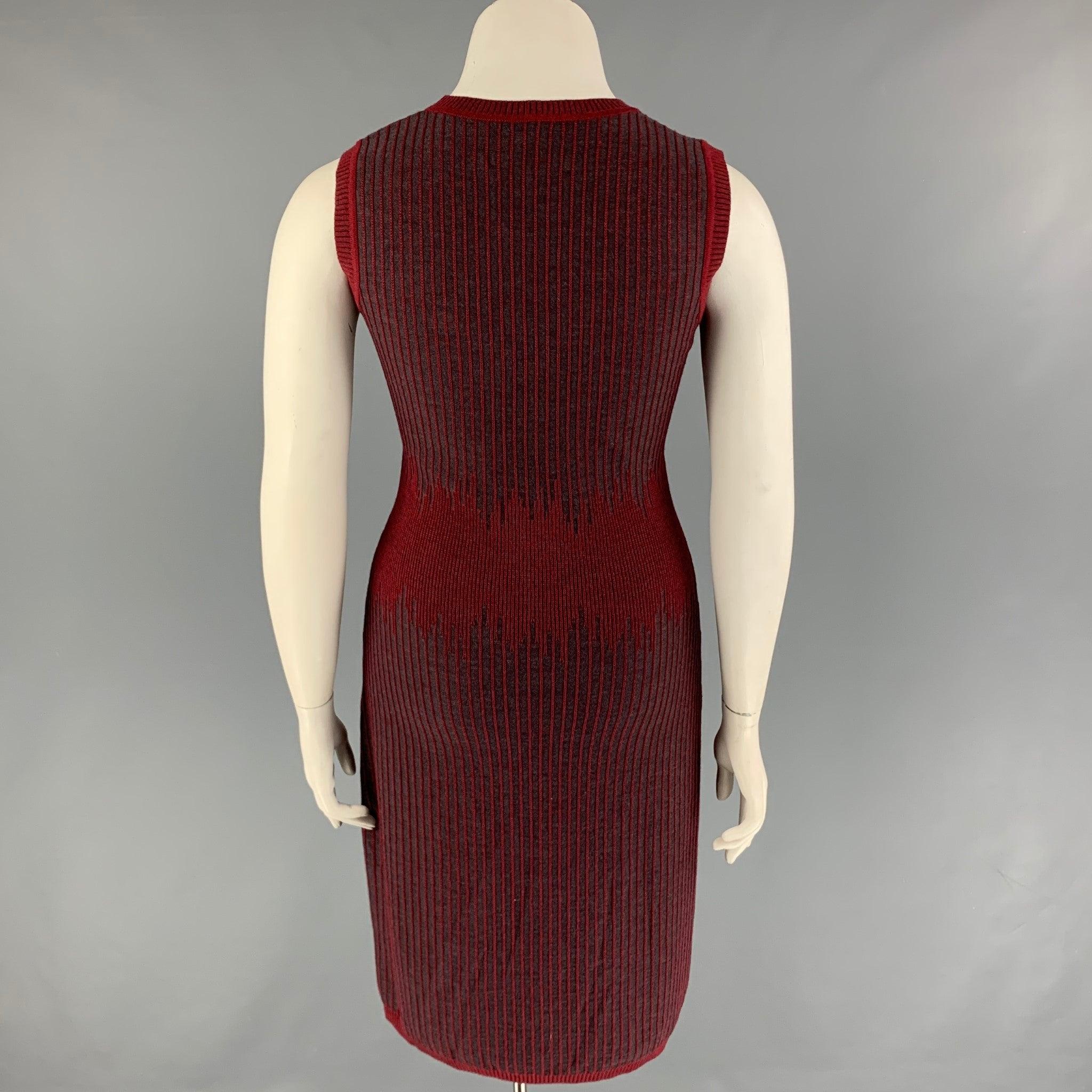 Women's CAROLINA HERRERA Size L Burgundy Grey Wool Stripe Sheath Dress For Sale
