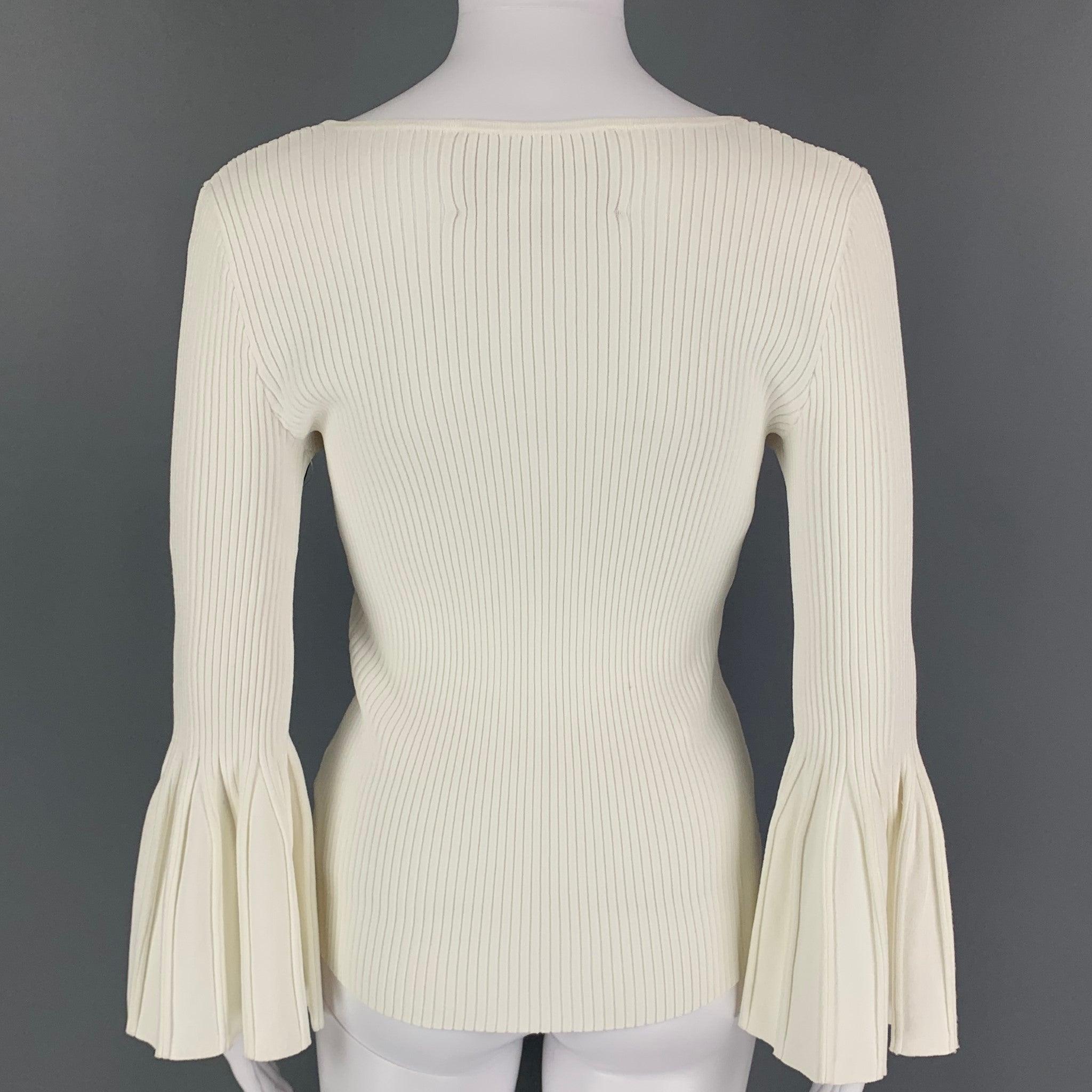 Women's CAROLINA HERRERA Size M White Viscose Polyester Ribbed V-Neck Casual Top For Sale