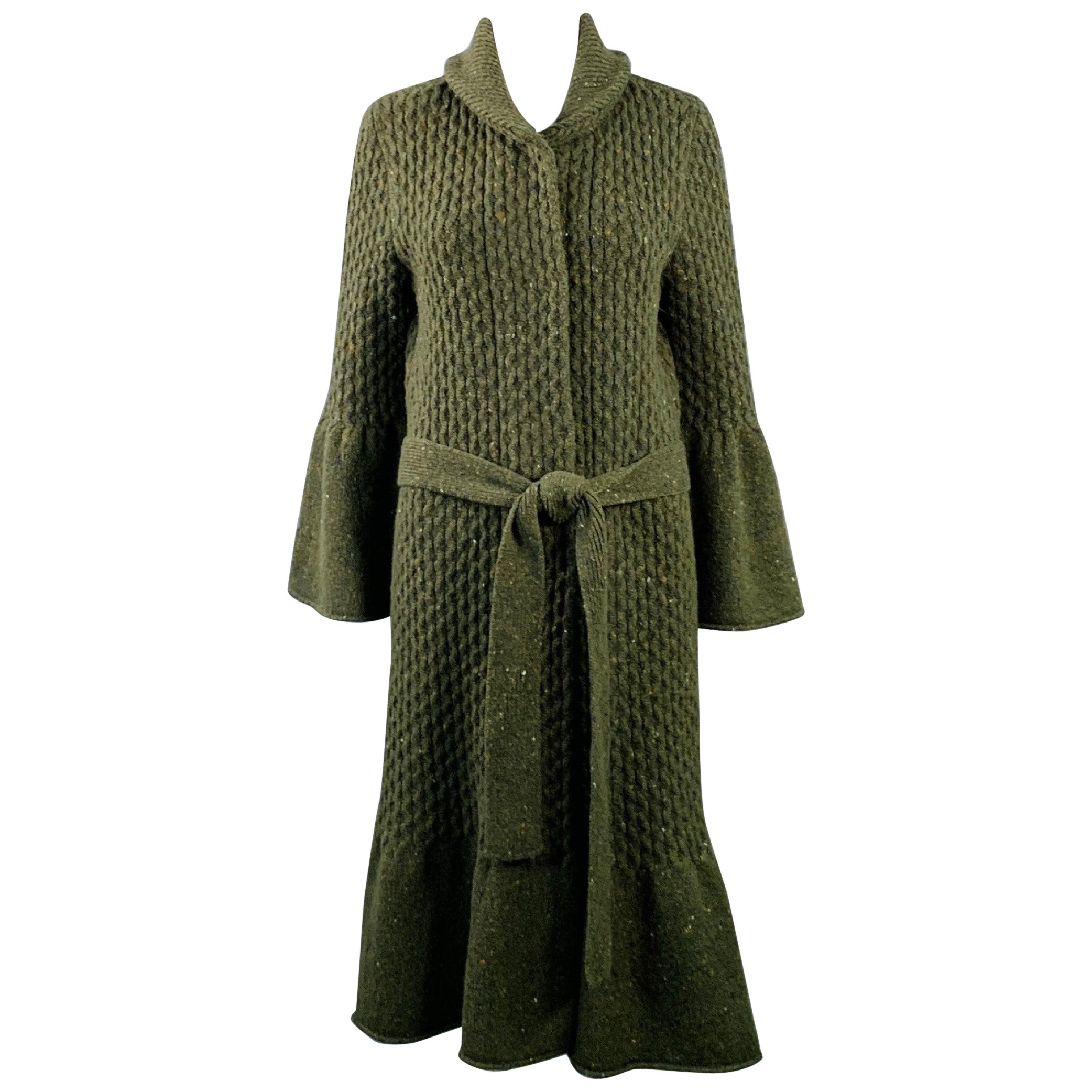 CAROLINA HERRERA Size XS Green Virgin Wool Cashmere Blend Cable Knit Coat en vente
