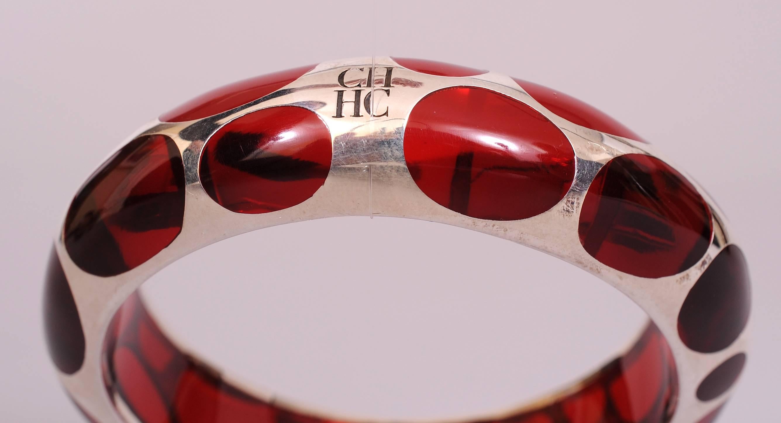 Carolina Herrera Sterling Silver Over Red Lucite Polka Dot Bracelet In Excellent Condition In New Hope, PA