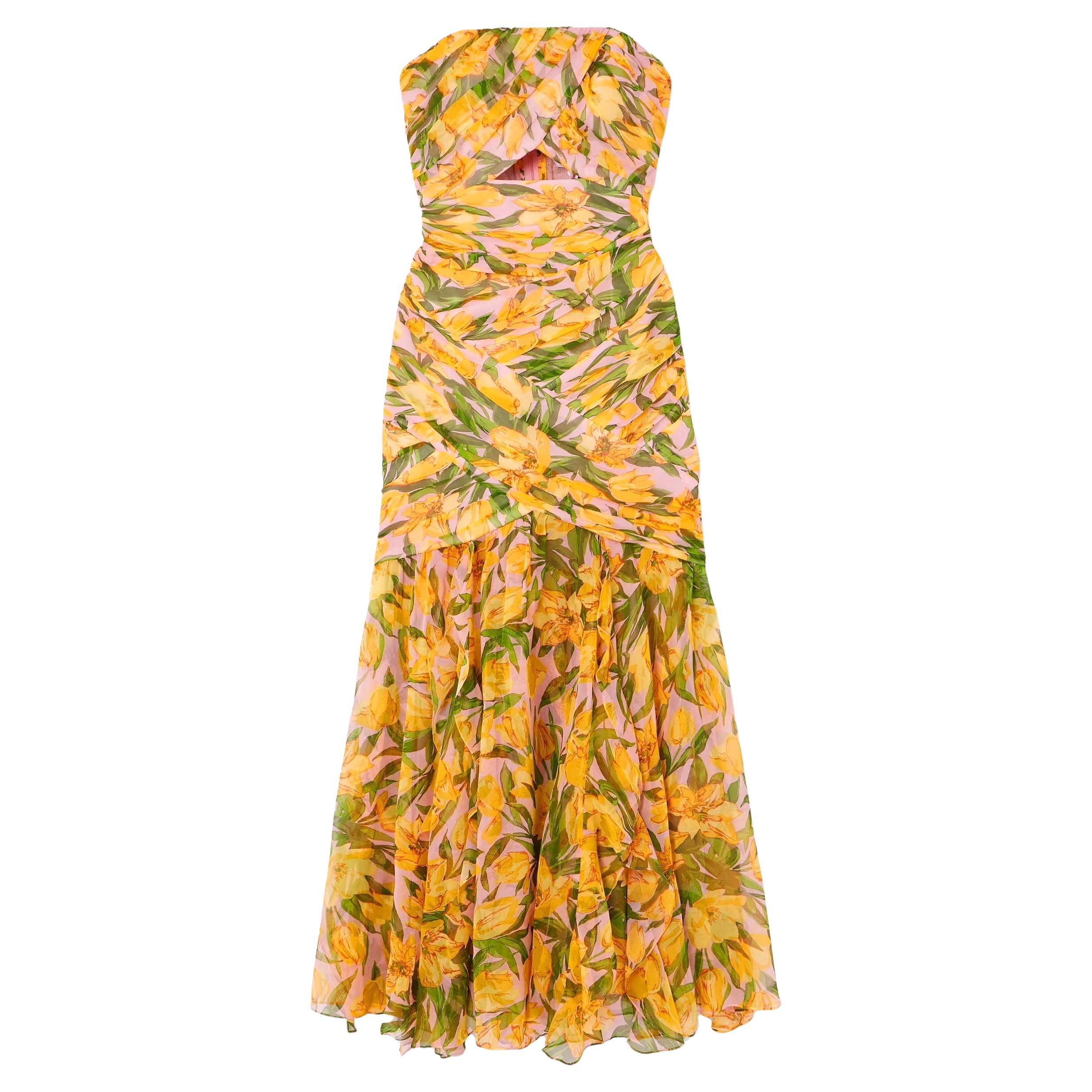 Carolina Herrera Strapless Gathered Bustier Floral Print Gown For Sale