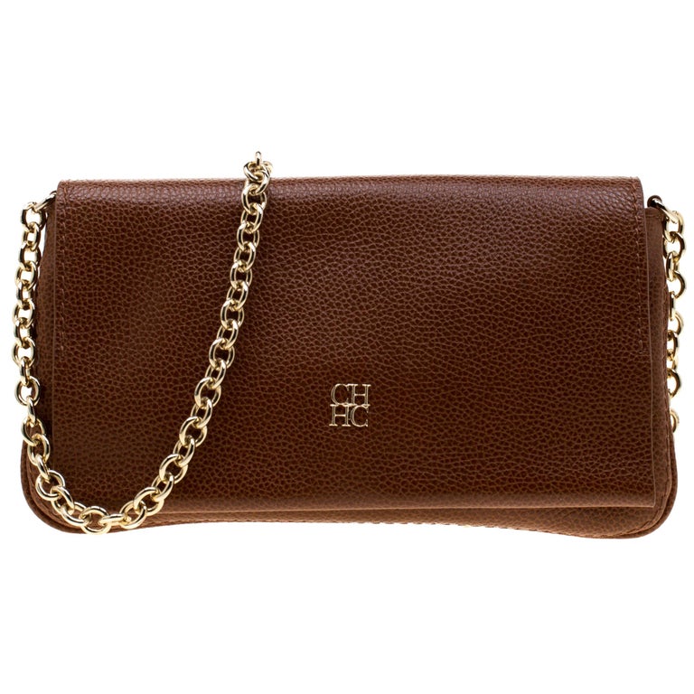 Carolina Herrera Tan Leather Chain Flap Shoulder Bag For Sale at 1stDibs