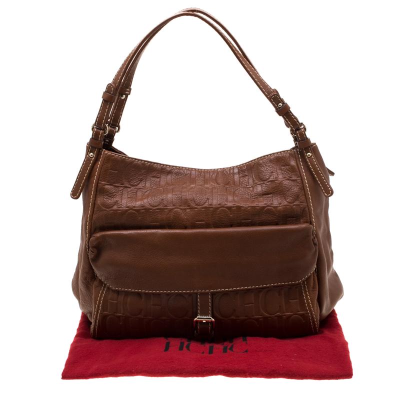 Carolina Herrera Tan Monogram Leather Shoulder Bag 7