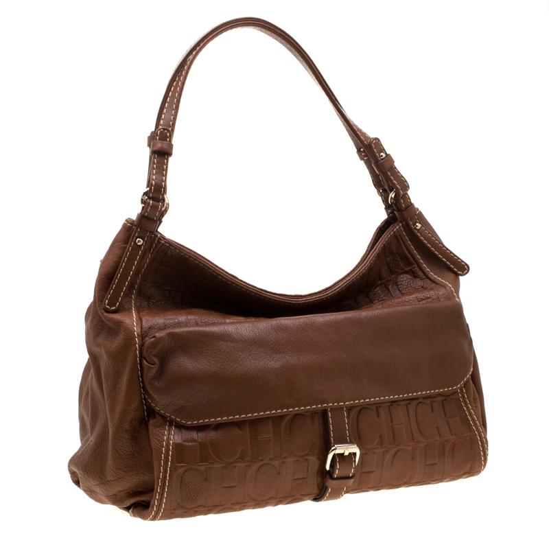Carolina Herrera Tan Monogram Leather Shoulder Bag In Good Condition In Dubai, Al Qouz 2