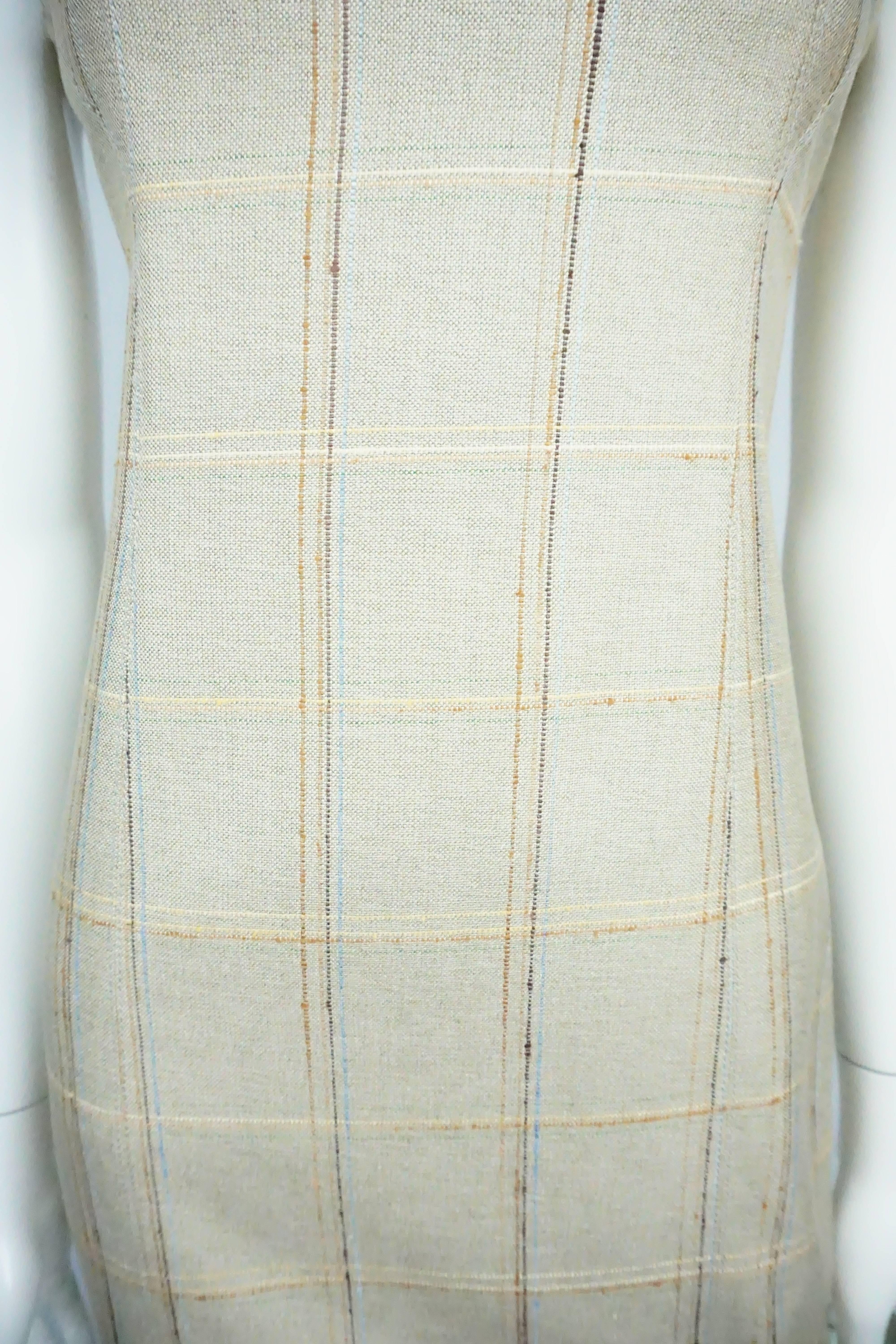 Carolina Herrera Tan Plaid Dress with Stone Detail  In Excellent Condition In West Palm Beach, FL