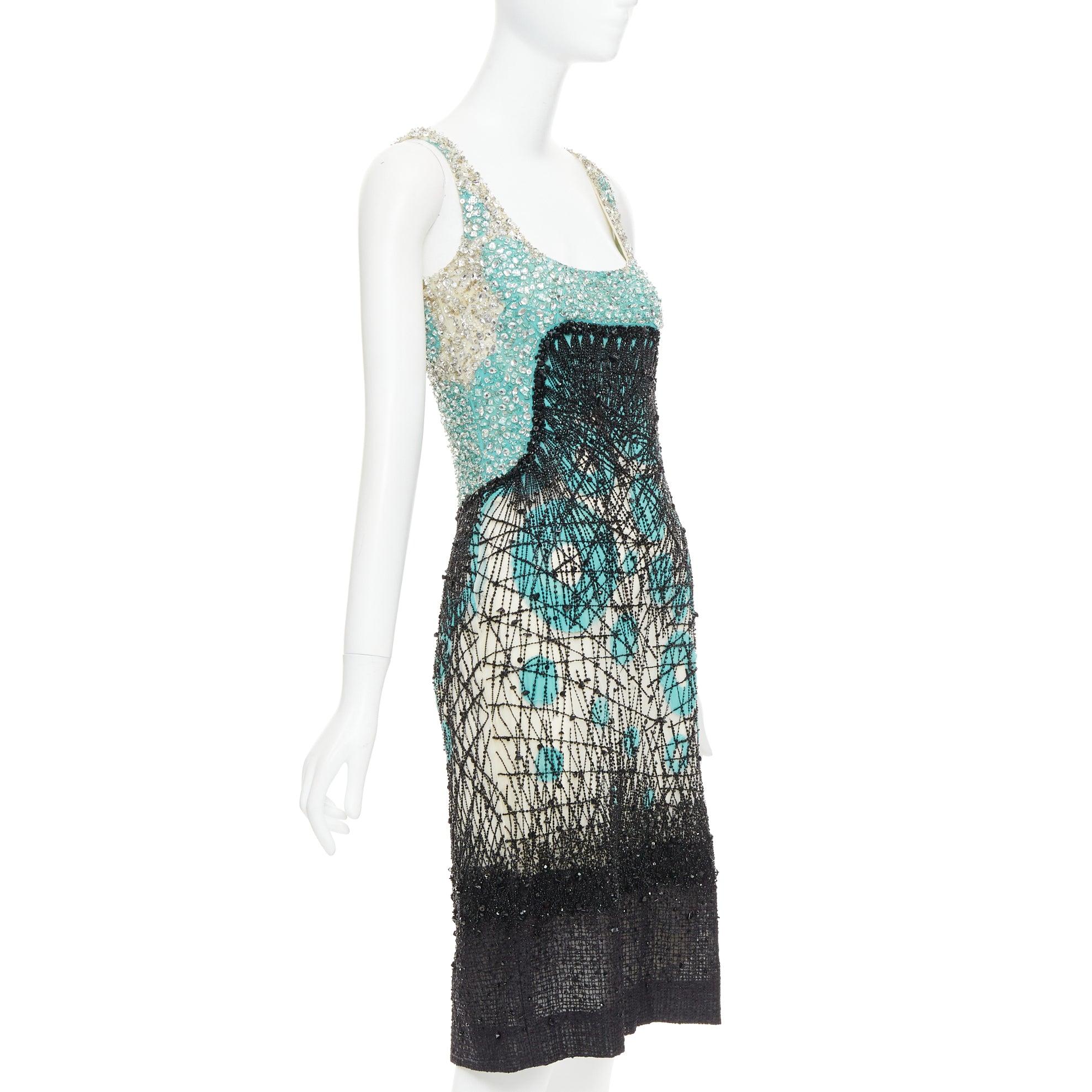 Black CAROLINA HERRERA teal green cream black silk fully beaded crystal dress US2 S For Sale