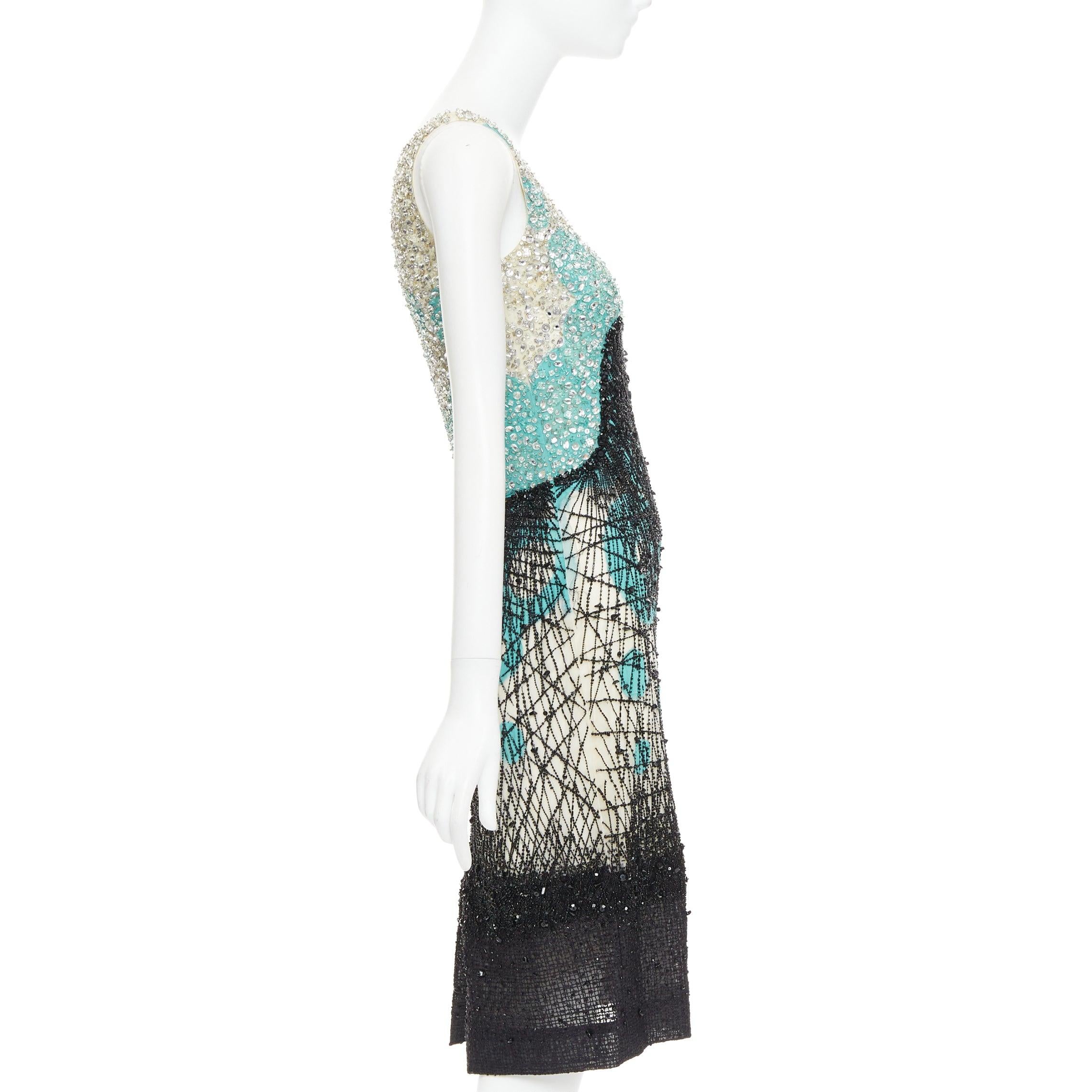 CAROLINA HERRERA teal green cream black silk fully beaded crystal dress US2 S In Good Condition For Sale In Hong Kong, NT