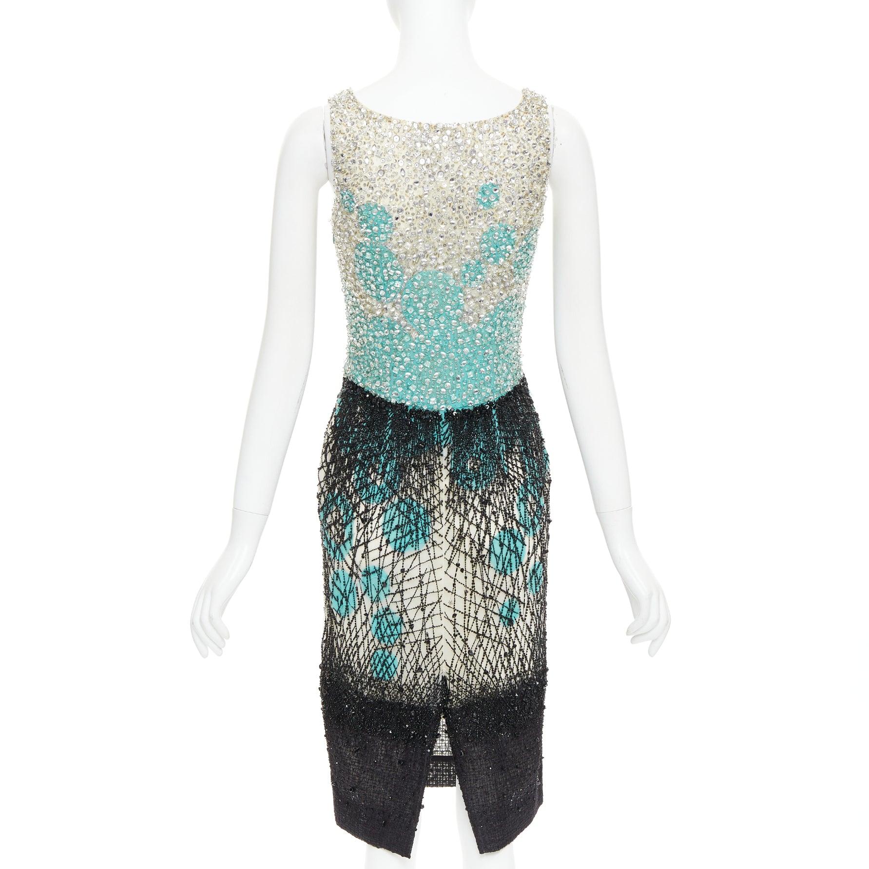 Women's CAROLINA HERRERA teal green cream black silk fully beaded crystal dress US2 S For Sale