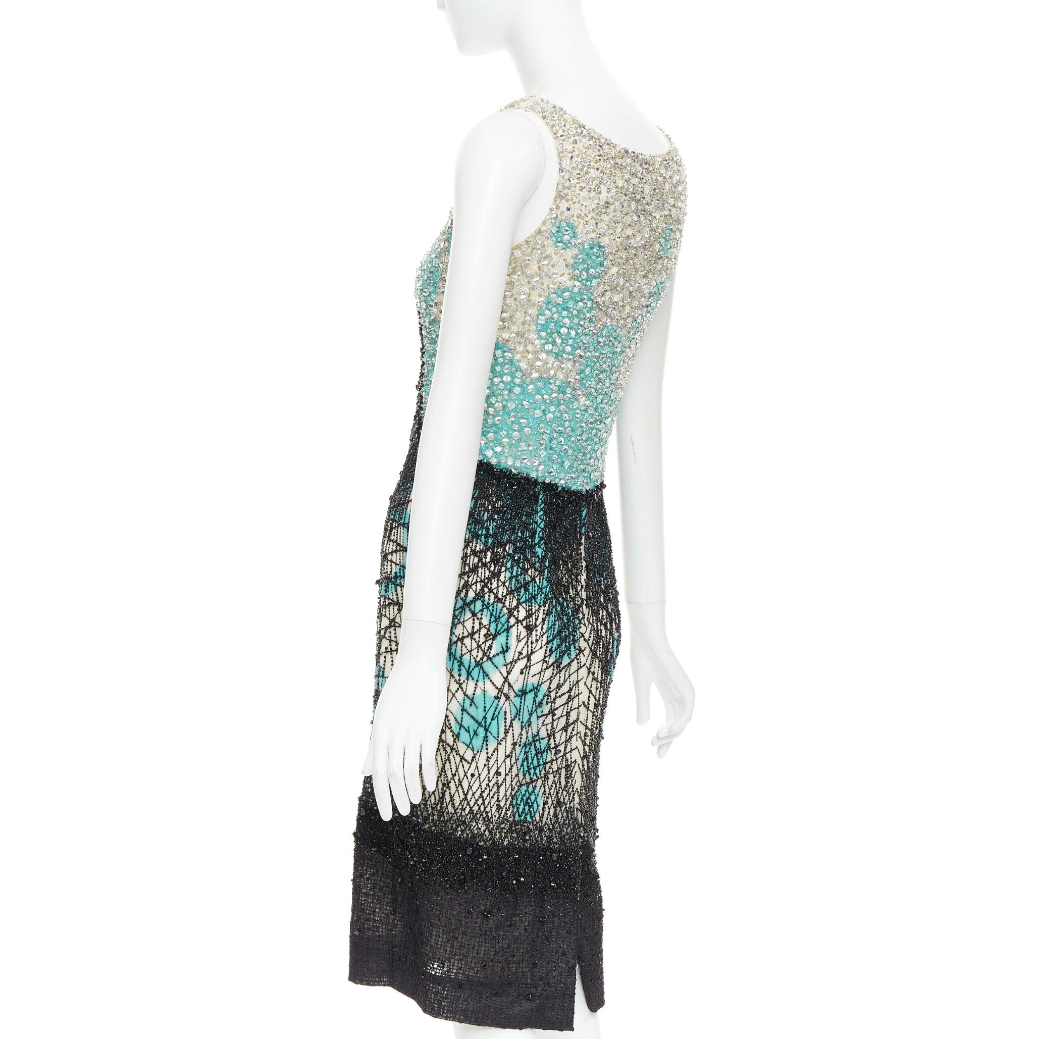 CAROLINA HERRERA teal green cream black silk fully beaded crystal dress US2 S For Sale 1