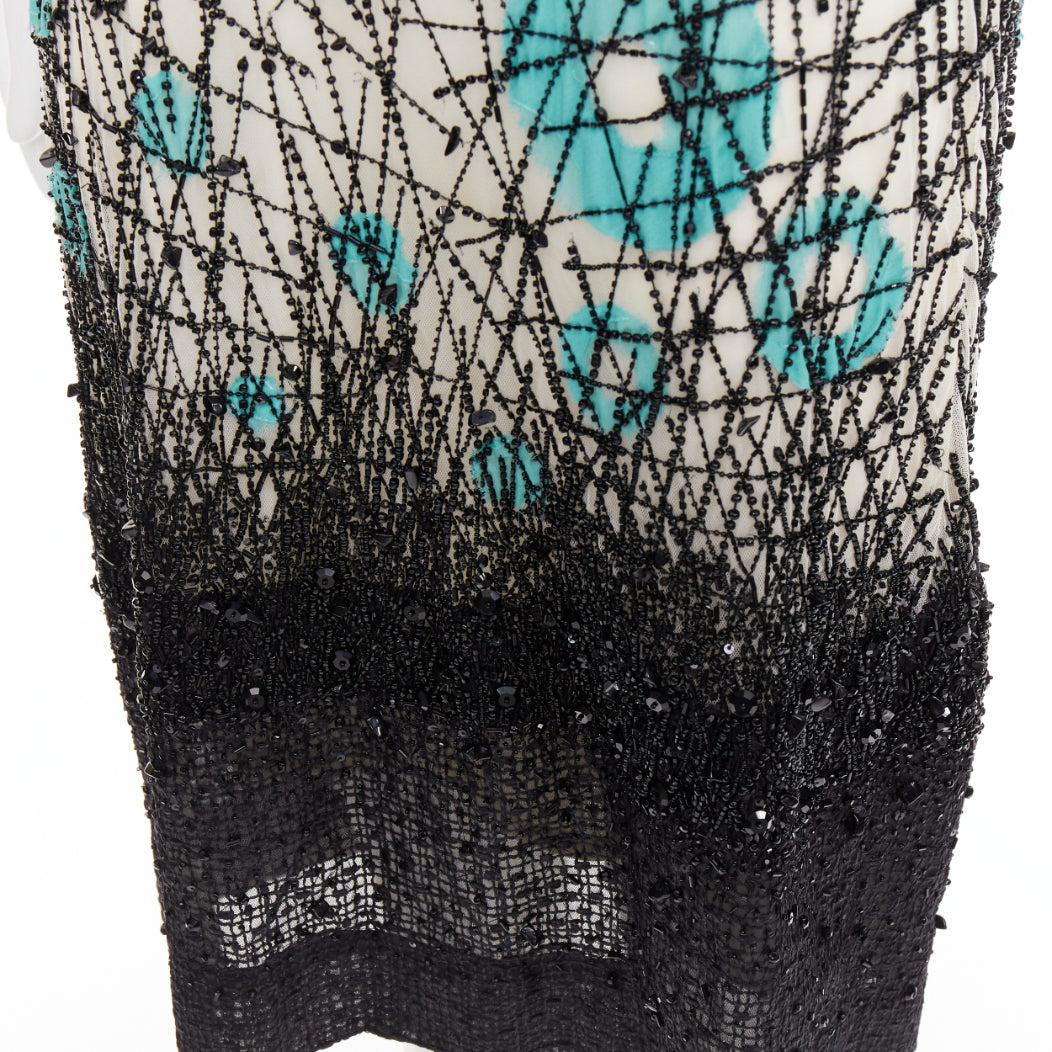 CAROLINA HERRERA teal green cream black silk fully beaded crystal dress US2 S For Sale 2