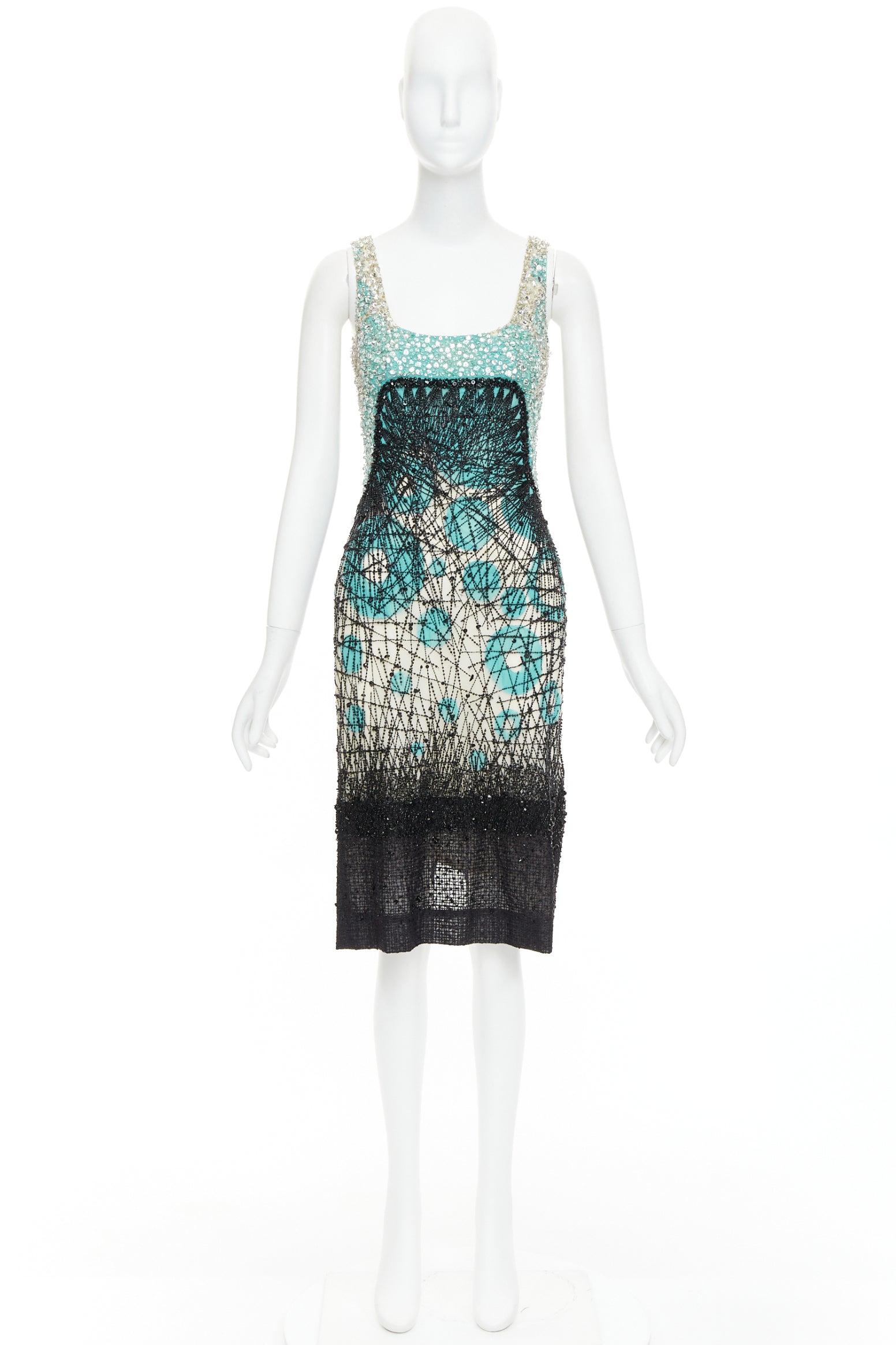 CAROLINA HERRERA teal green cream black silk fully beaded crystal dress US2 S For Sale 4
