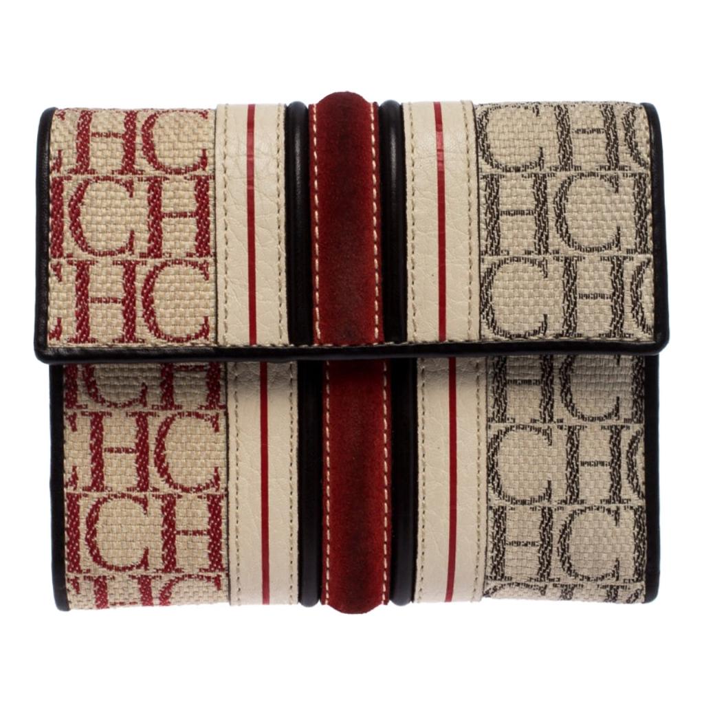 Carolina Herrera Tri Color Signature Canvas, Suede and Leather Trifold Wallet
