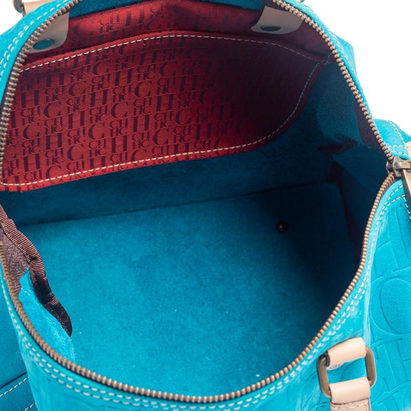 Carolina Herrera Turquoise Monogram Suede and Leather Large Andy Boston Bag 2