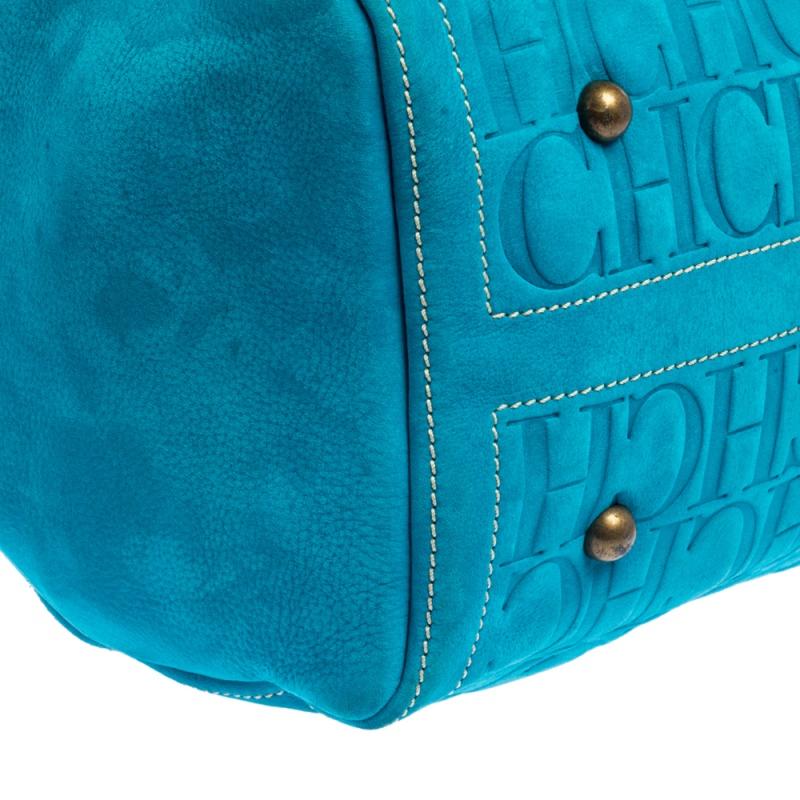 Carolina Herrera Turquoise Monogram Suede and Leather Large Andy Boston Bag 4