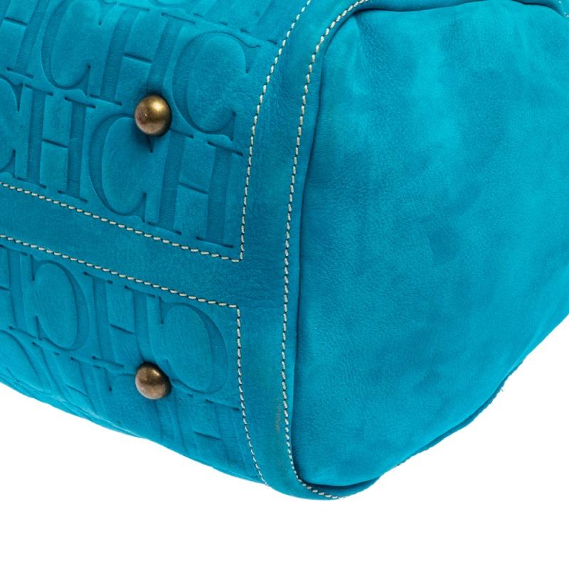 Blue Carolina Herrera Turquoise Monogram Suede and Leather Large Andy Boston Bag