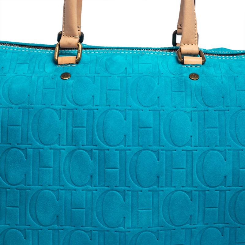 Carolina Herrera Turquoise Monogram Suede and Leather Large Andy Boston Bag In Good Condition In Dubai, Al Qouz 2