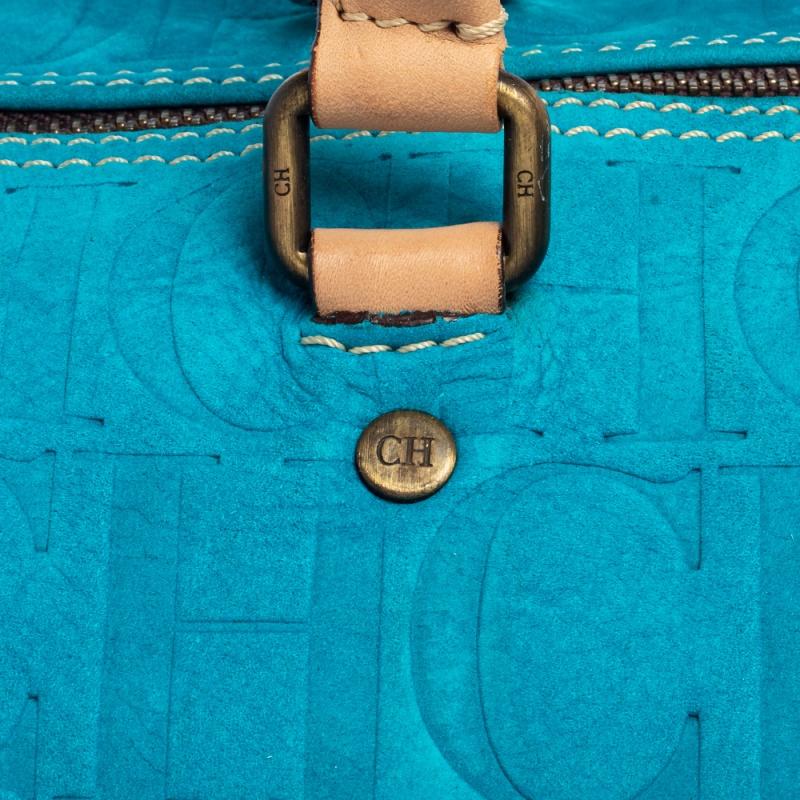 Women's Carolina Herrera Turquoise Monogram Suede and Leather Large Andy Boston Bag