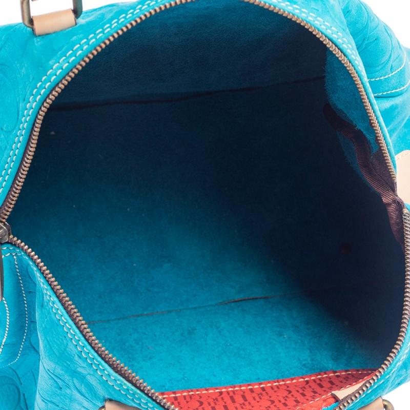 Carolina Herrera Turquoise Monogram Suede and Leather Large Andy Boston Bag 1