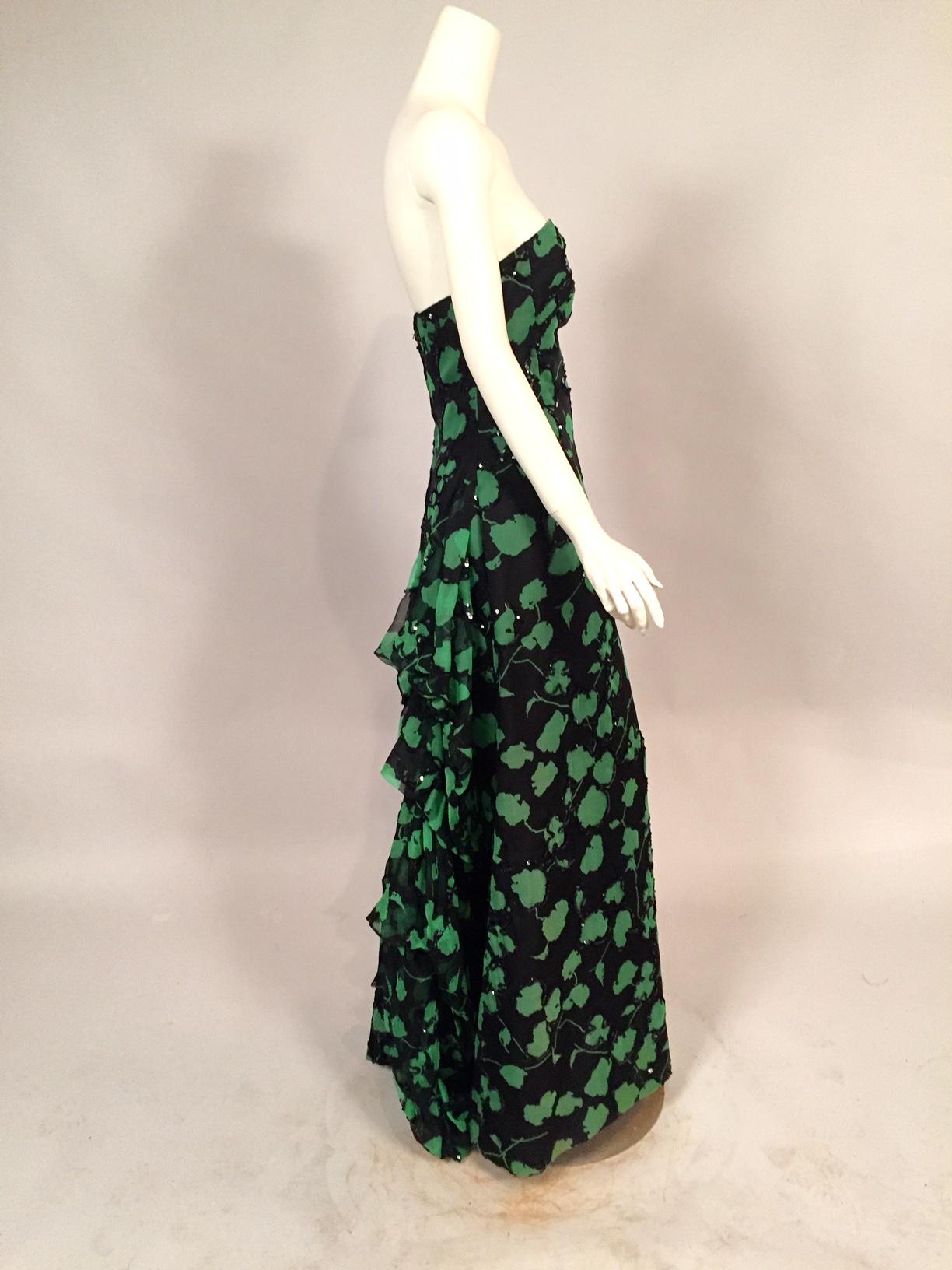 Black Carolina Herrera Vine Patterned Silk Organza Evening Dress with Sequin Trim