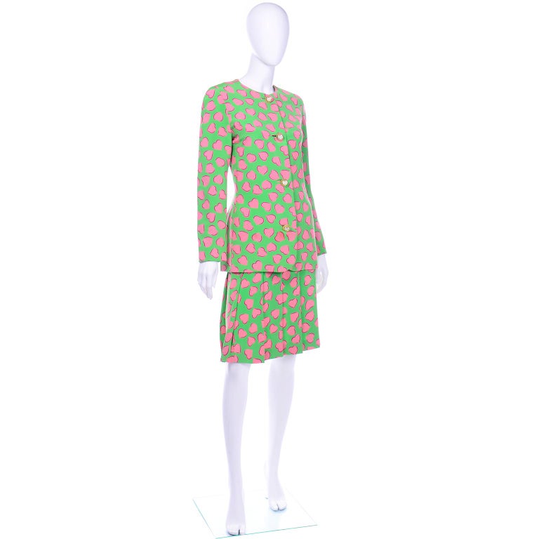 Women's Carolina Herrera Vintage Green Silk Skirt Suit W Pink Hearts For Sale