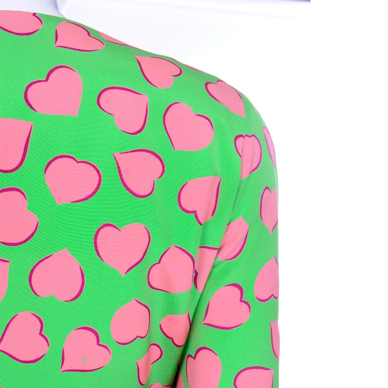 Carolina Herrera Vintage Green Silk Skirt Suit W Pink Hearts For Sale 3